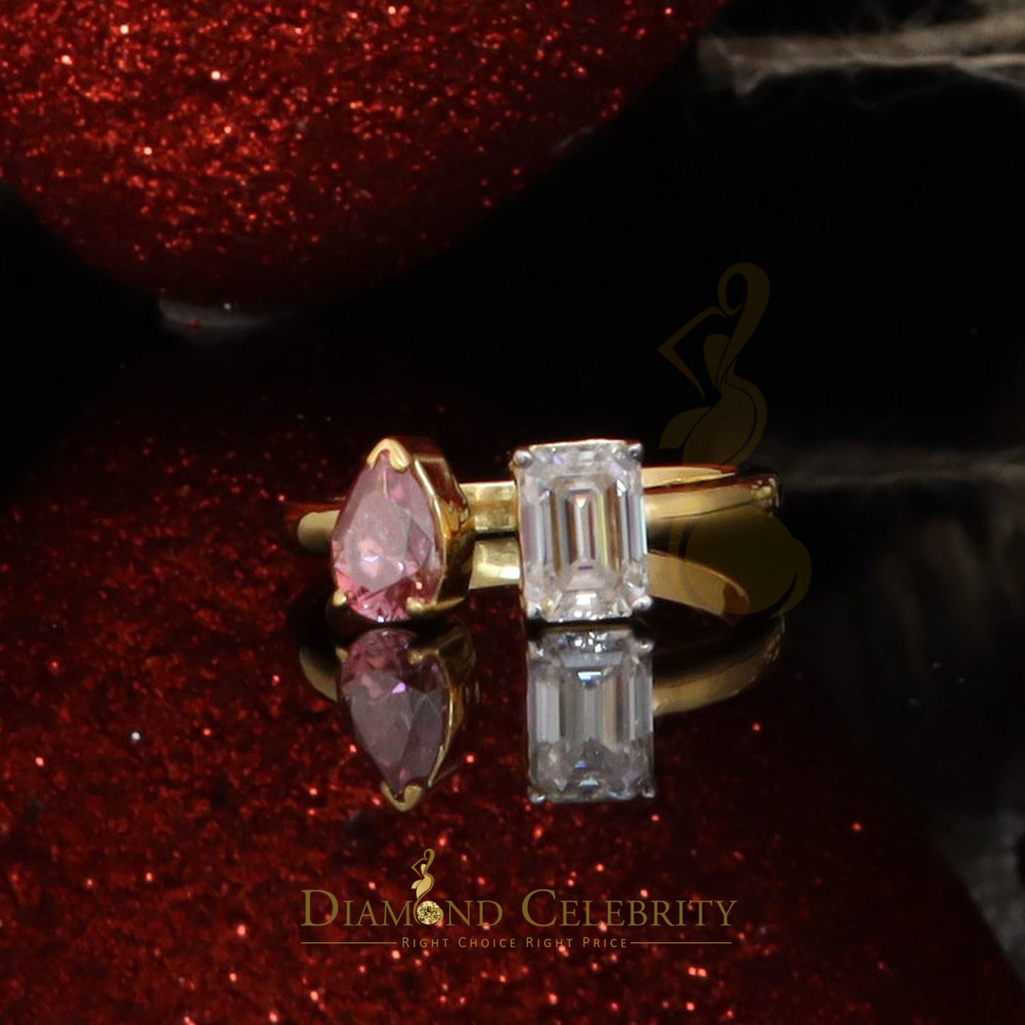 DiamondCelebritees 2.00CT Women's925 Silver Yellow VVS D Pink&White Moissanite Pear Emerald RingSZ7