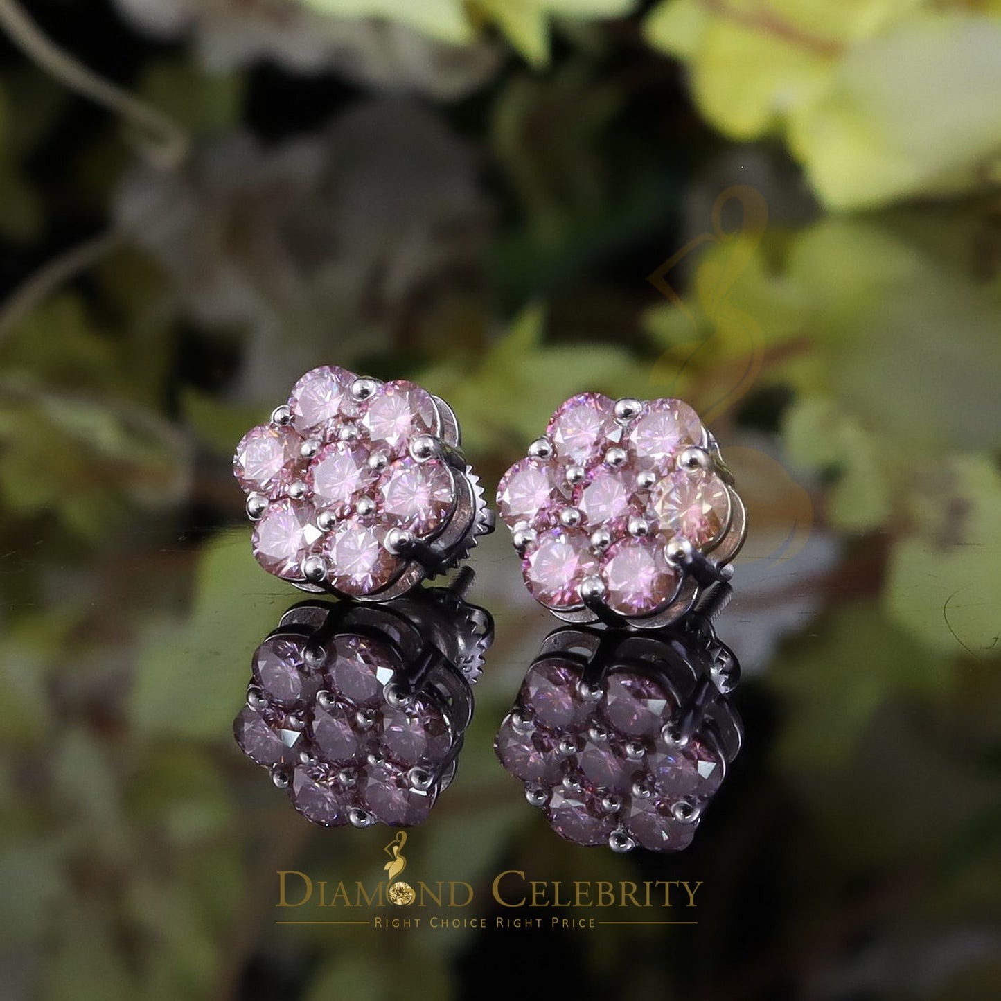 Diamondcelebritees Men's/Women's 925 Silver White 2.25ct VVS D Pink Moissanite Floral Stud Earrings