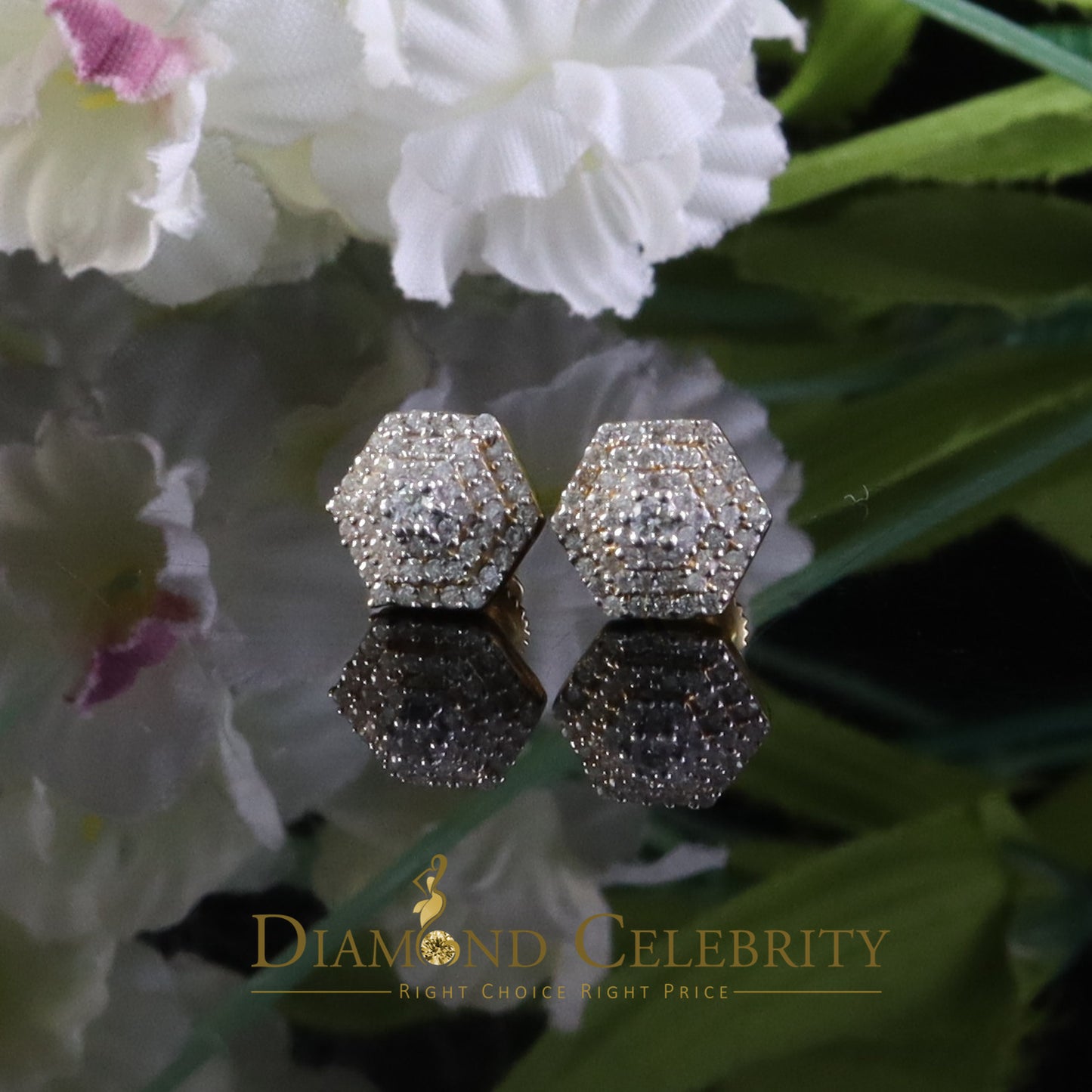 DiamondCelebritees Hexagonal Stud Earrings 0.50ct VVS 'D' Moissanite 925 Yellow Silver Men's/Womens