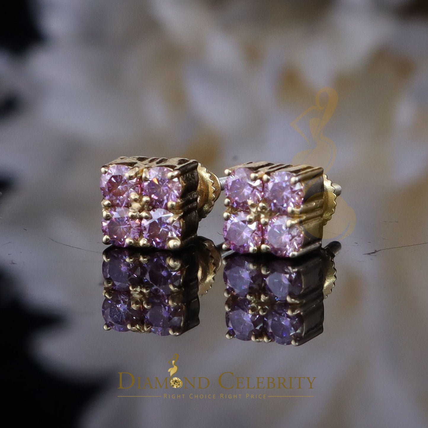 DiamondCelebritees Mens/Women's 925 Silver Yellow 1.00ct VVS D Pink Moissanite Square Stud Earrings