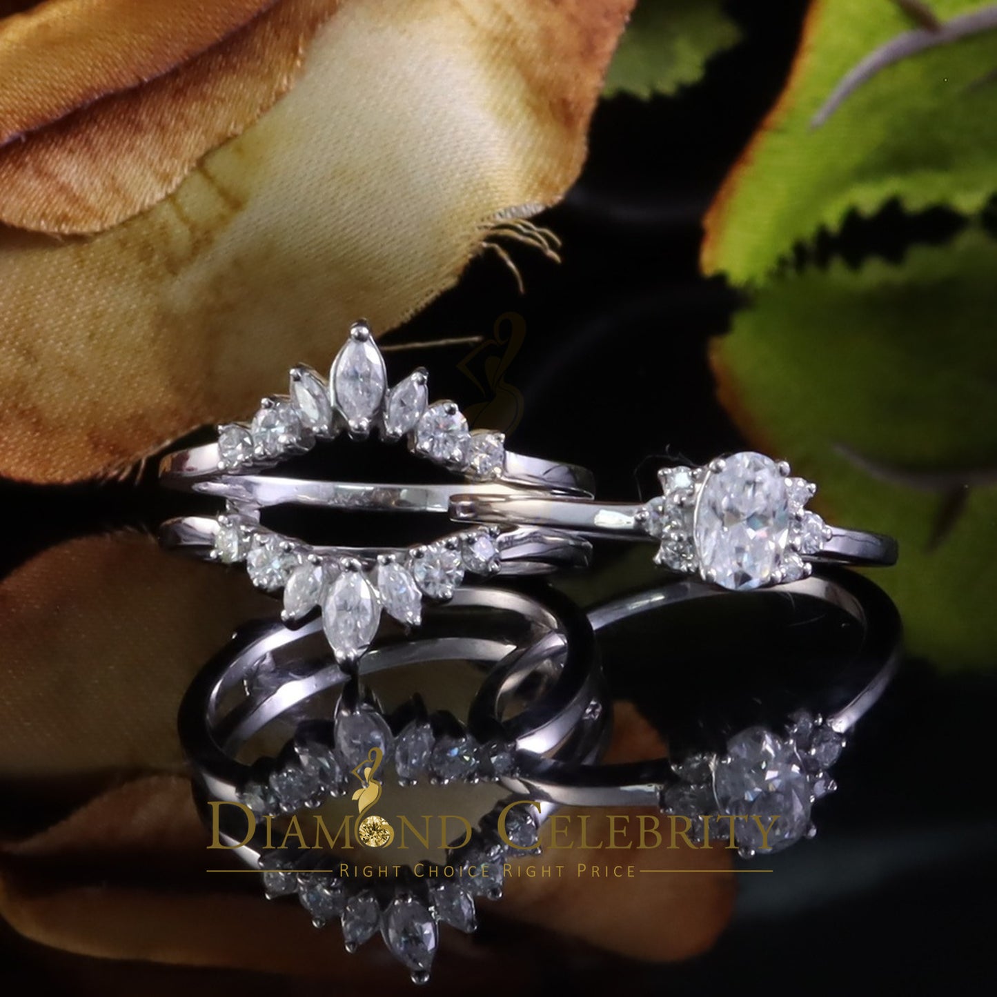 DiamondCelebritees 925 Silver White 1.25ct VVS D Oval Solitaire Moissanite Bridal Guard Rings SZ 7