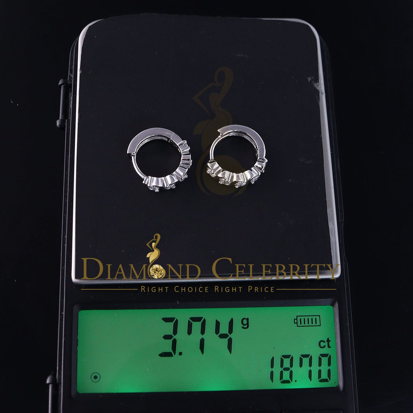 DiamondCelebritees Hip Hop Men's White 925 Sterling Silver Cubic Zirconia 1 row Huggie Hoop Earring