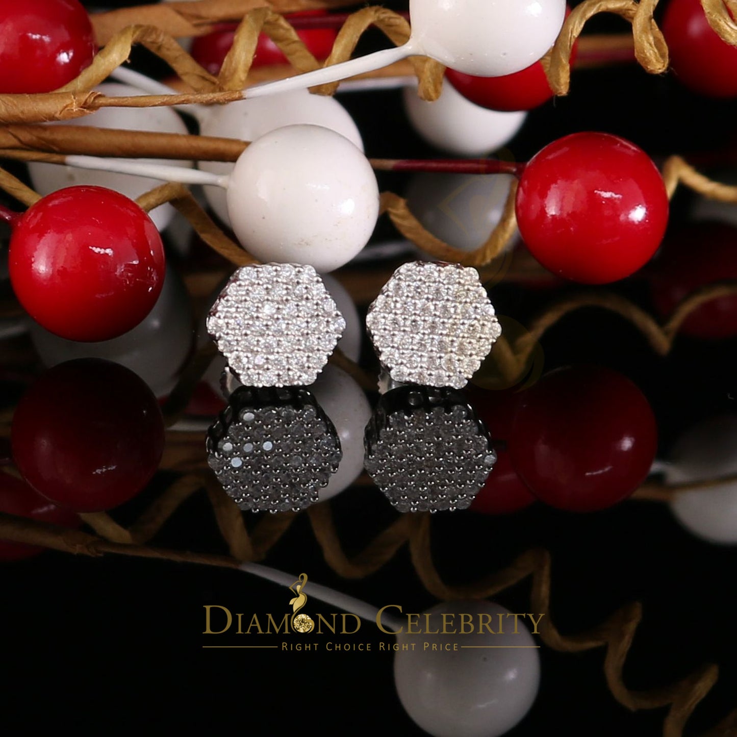 DiamondCelebritees 925 White Silver 0.74ct Screw Back Hip Hop Cubic Zirconia Women Hexagon Earrings