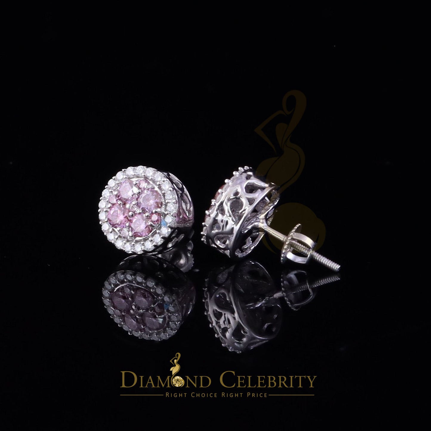 Diamondcelebritees Women's 925 Silver White 1.00ct VVS 'D' Pink Moissanite Round Stud Earrings