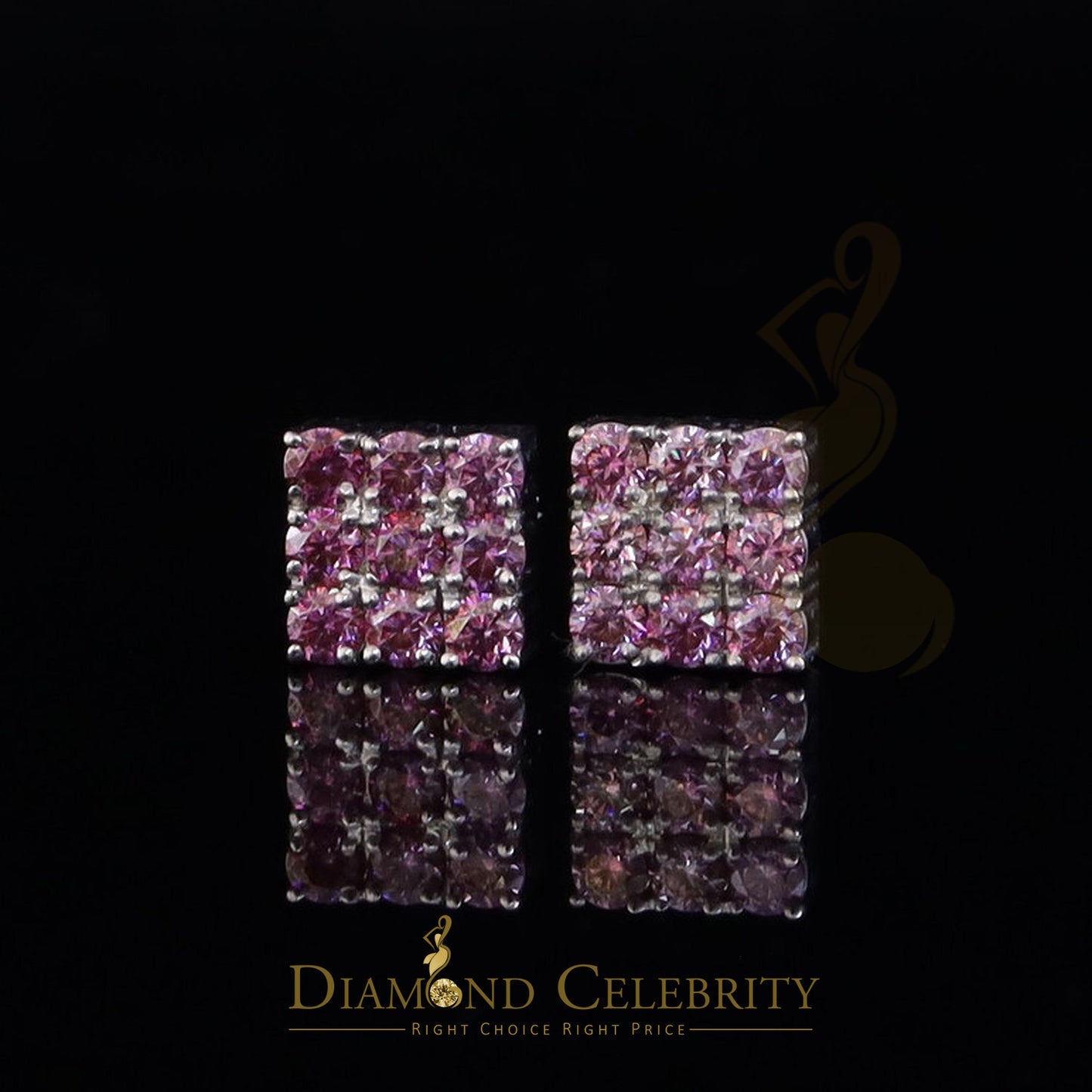 Diamondcelebritees 925 Silver White 2.25ct VVS D Pink Moissanite Men's/Women's Square Stud Earrings