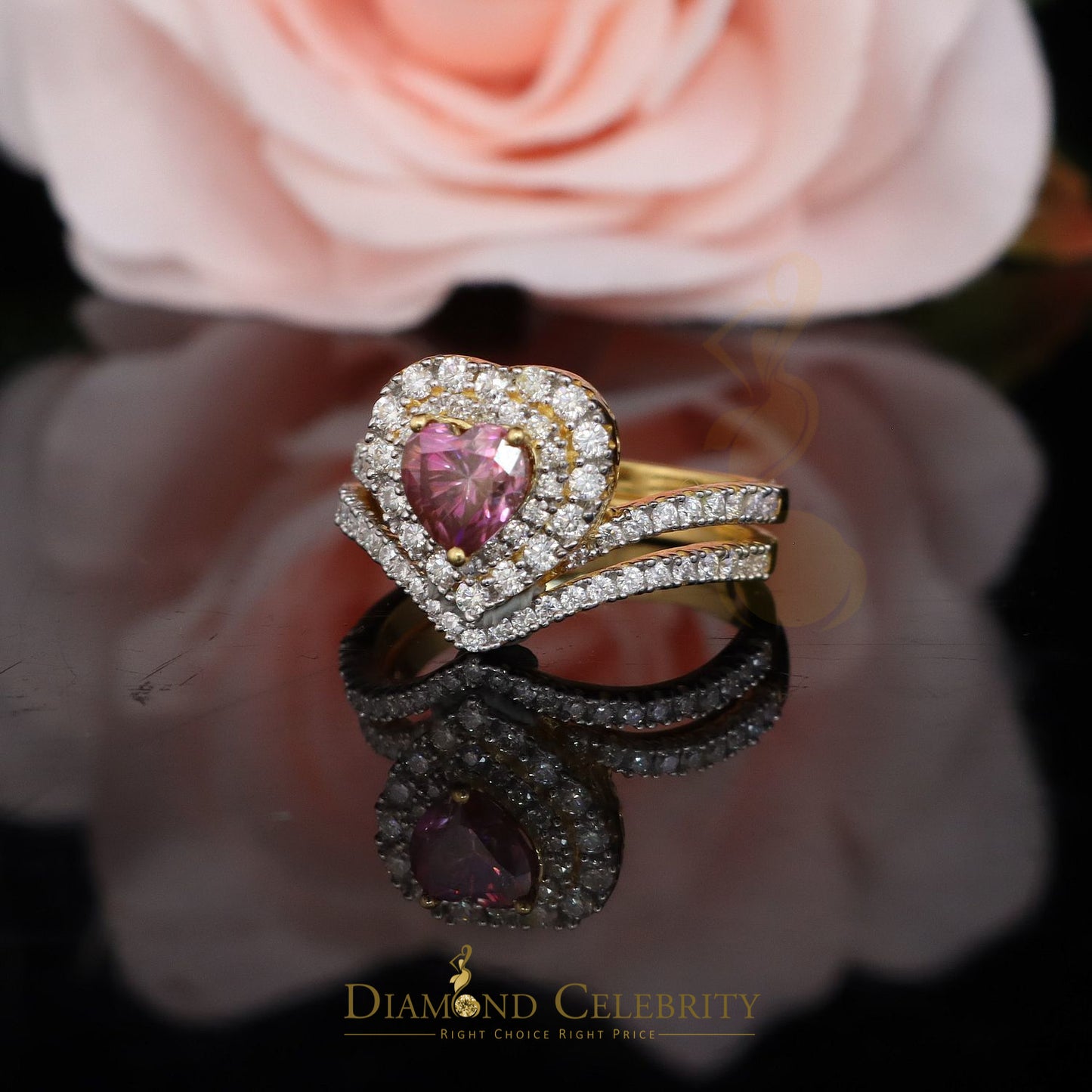 DiamondCelebritees 1.66CT Women's925 Silver Yellow VVS D Pink&White Moissanite Heart Double RingSZ7