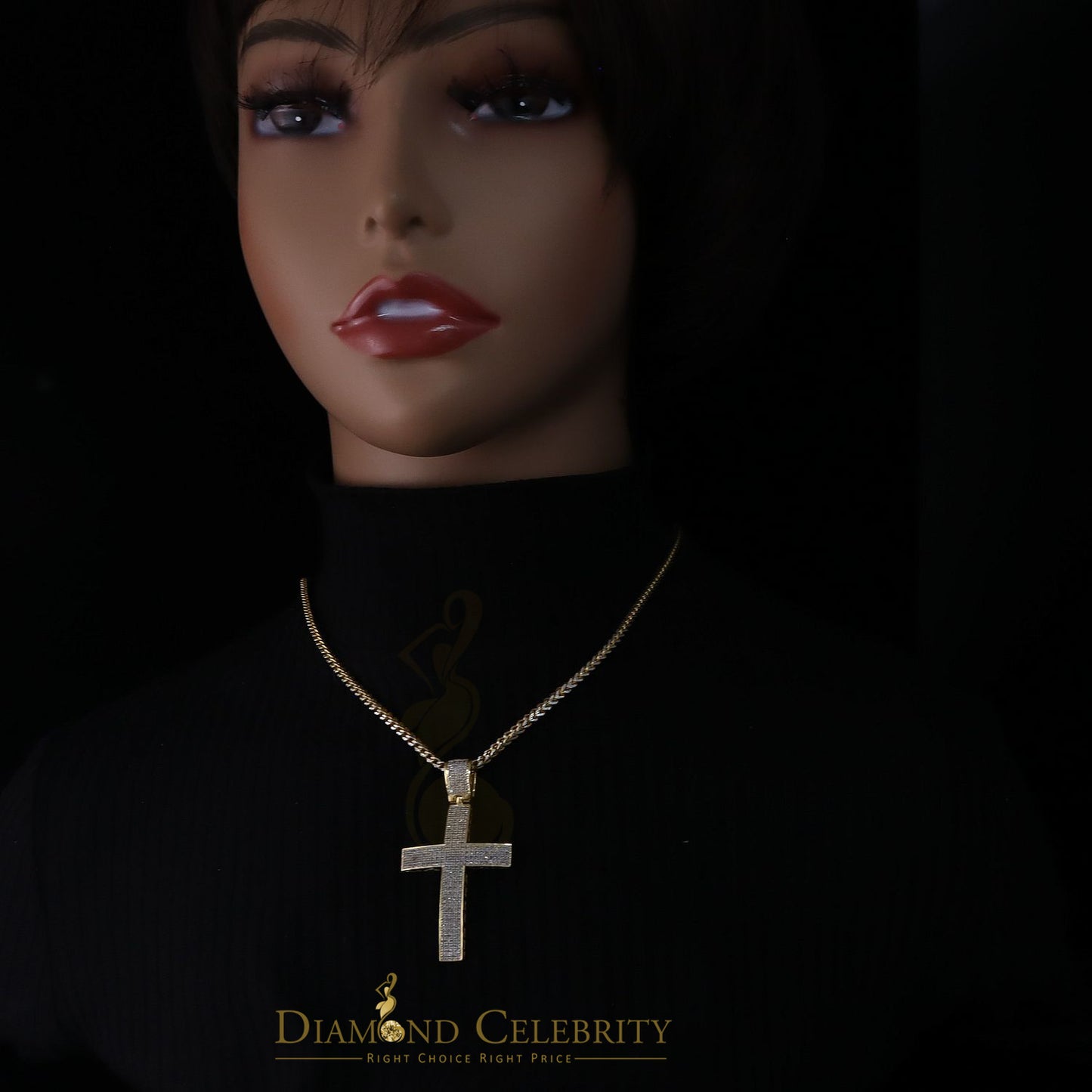 DiamondCelebritees Real 0.85ct Diamond 925 Sterling Silver CROSS Charm Necklace Pendant in Yellow