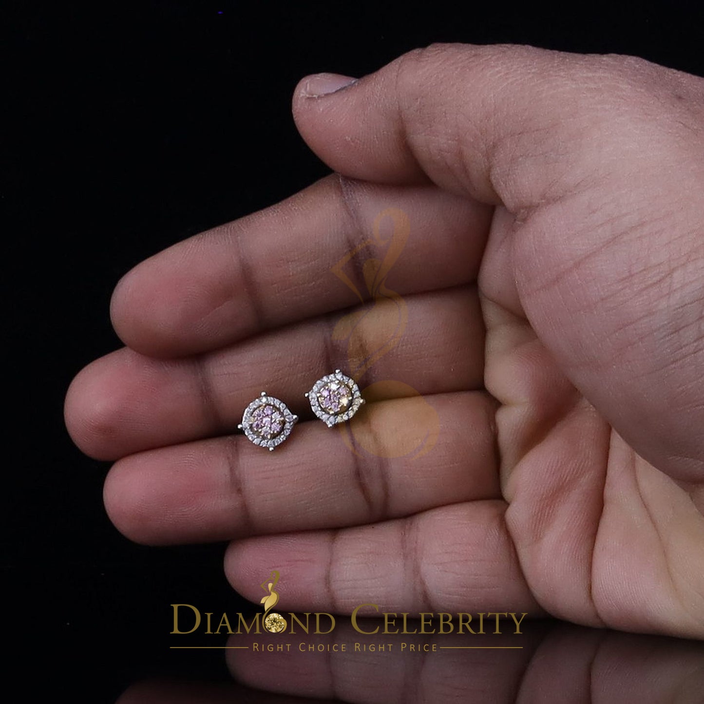 DiamondCelebritees Women's 925 Silver Yellow 0.40ct VVS 'D' Pink Moissanite Round Stud Earrings