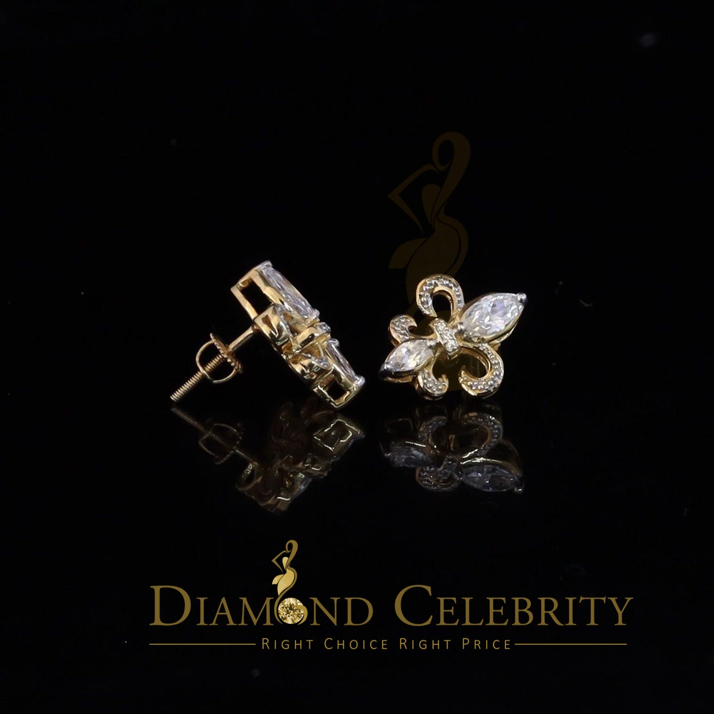 DiamondCelebritees 925 Yellow Silver Ladies Fleur de Lis Screw Back 2.43ct Cubic Zirconia Earrings