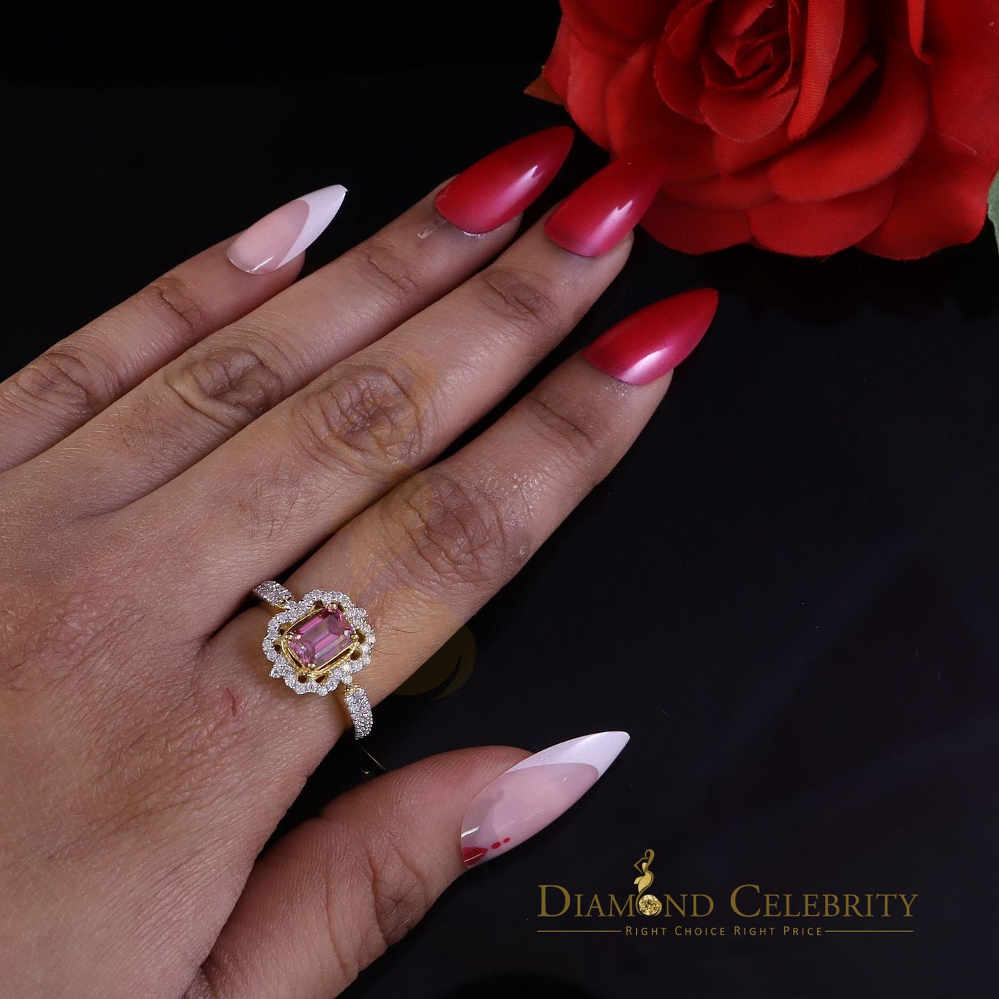 DiamondCelebritees 2.00CT Women's 925 Silver Yellow VVS D Pink & White Moissanite Emerald Ring SZ 7