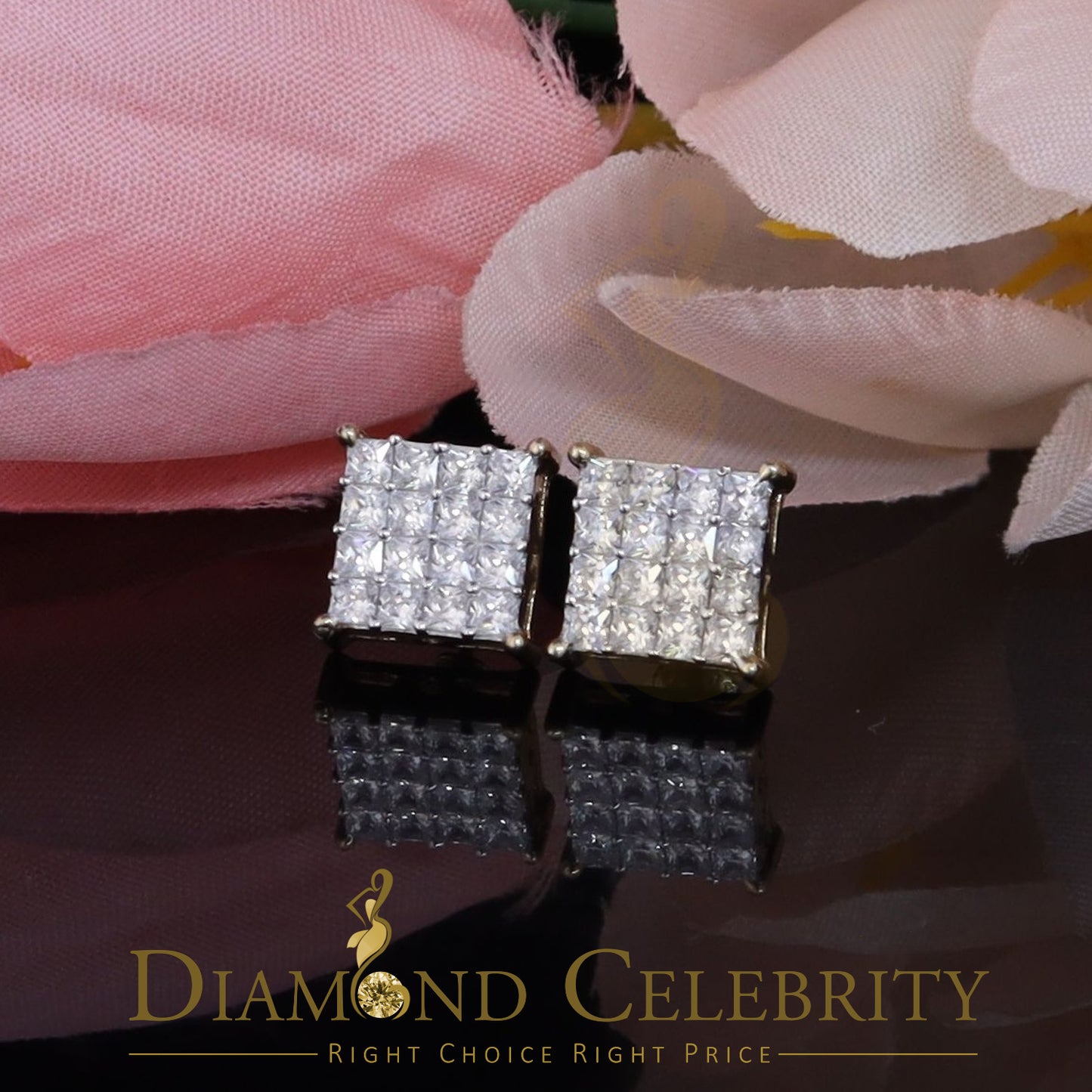 DiamondCelebritees 925 Yellow Silver 2.88ct Cubic Zirconia Women's & Men's Hip Hop Square Earrings