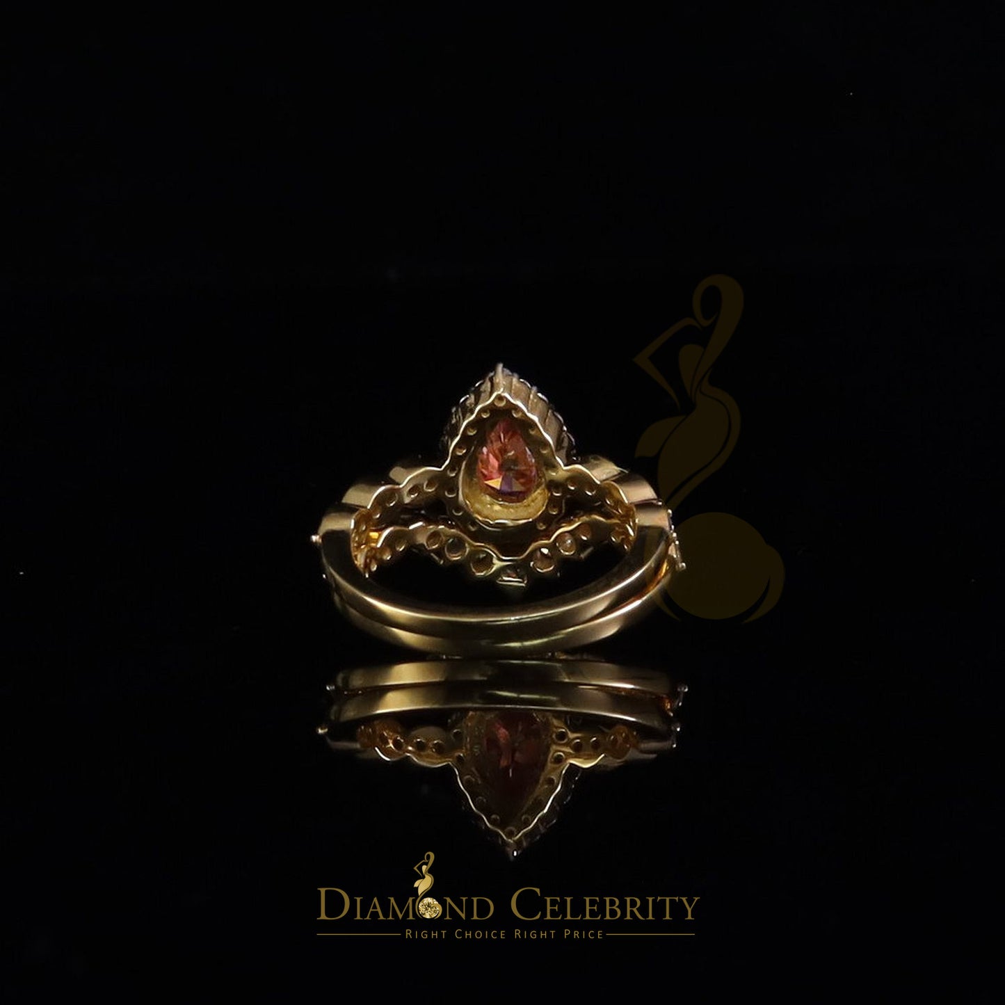 DiamondCelebritees 2.50CTWomen's925SilverYellowVVS D Pink&White Moissanite PearShaped DoubleRingSZ7
