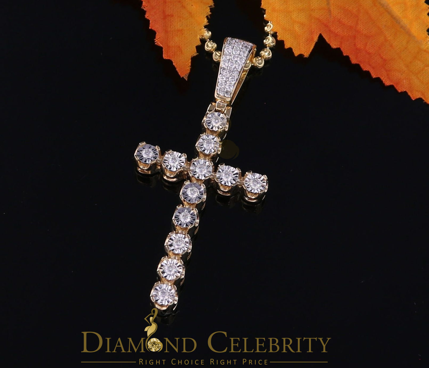 DiamondCelebritees Real 1.25ct Diamond Sterling Silver CROSS Charm Necklace Yellow Pendant