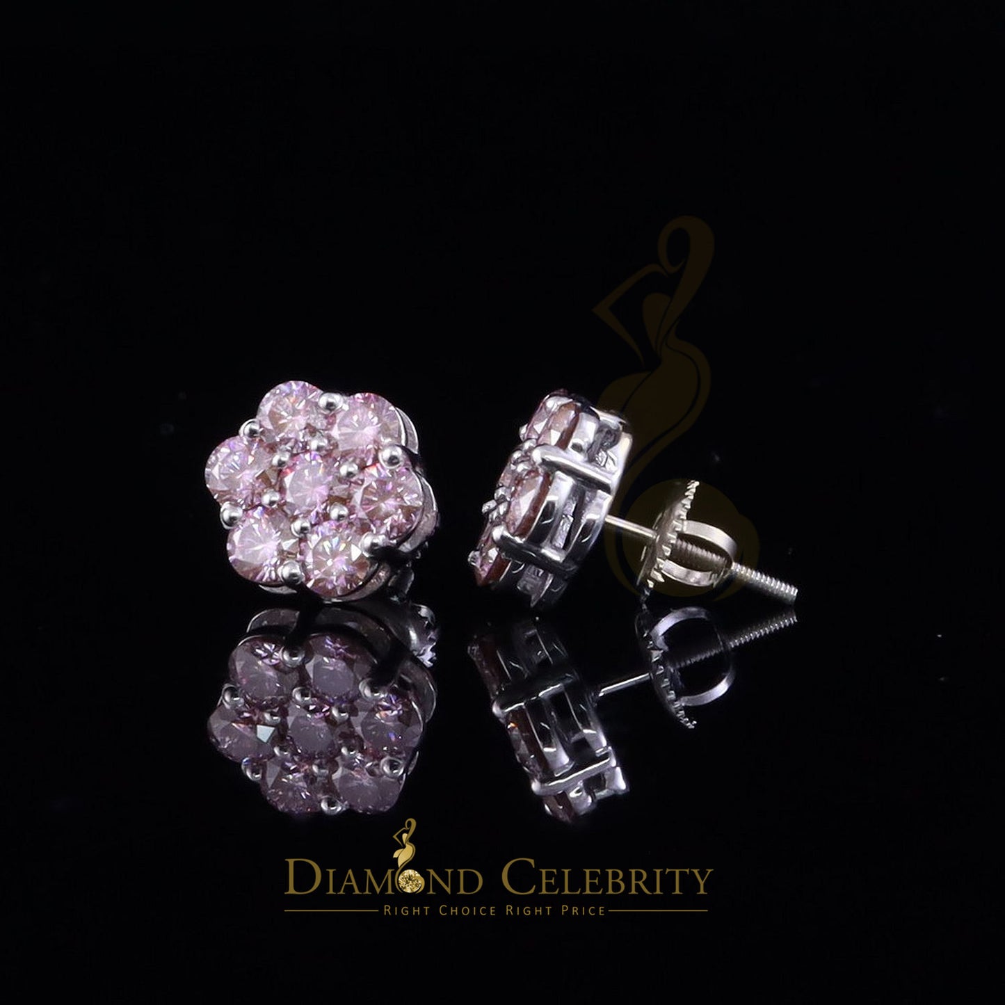 Diamondcelebritees Men's/Women's 925 Silver White 2.25ct VVS D Pink Moissanite Floral Stud Earrings