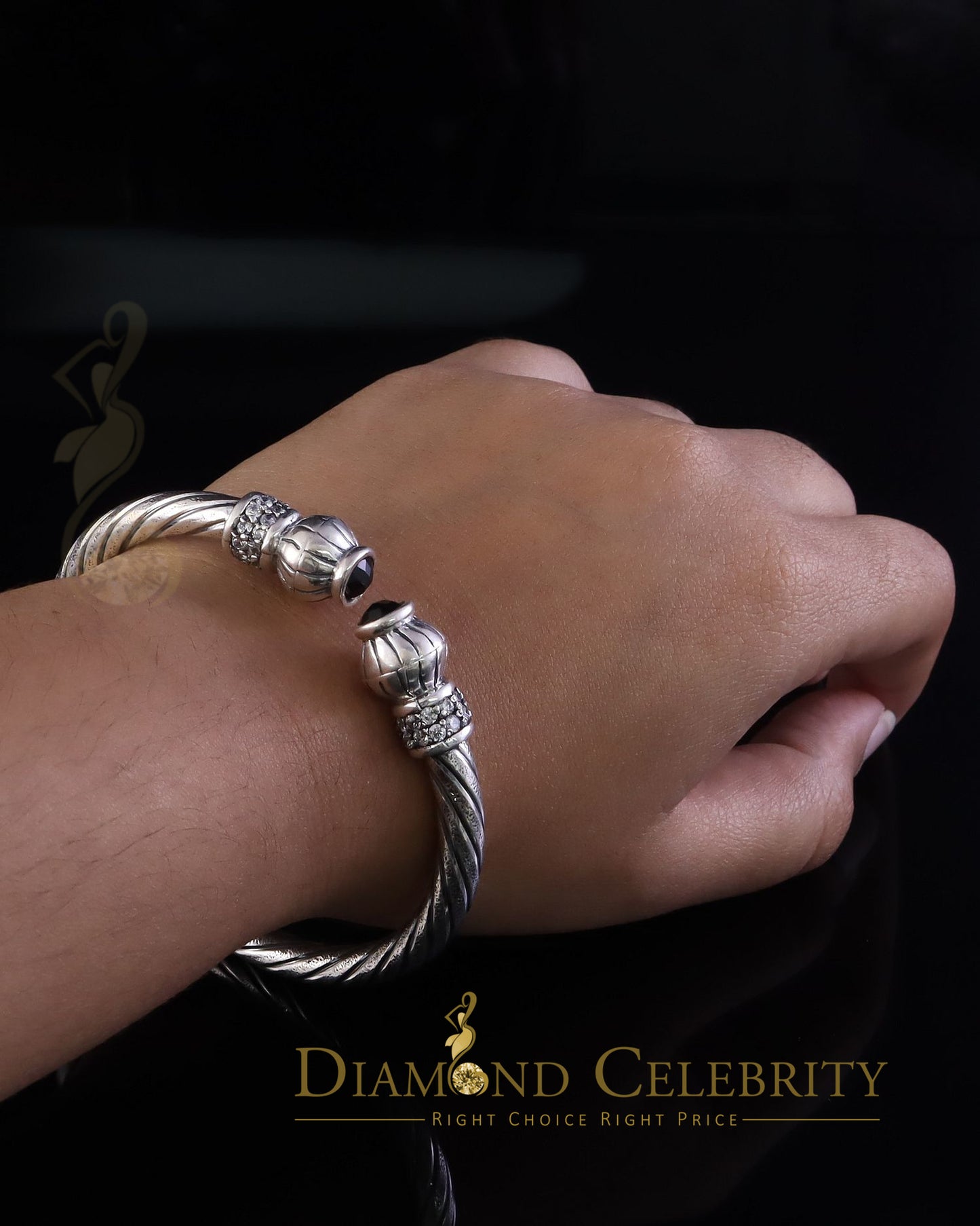 DiamondCelebritees Round White Sterling Silver Cubic Zirconia Bangle for Men/Ladies's 7 Inch
