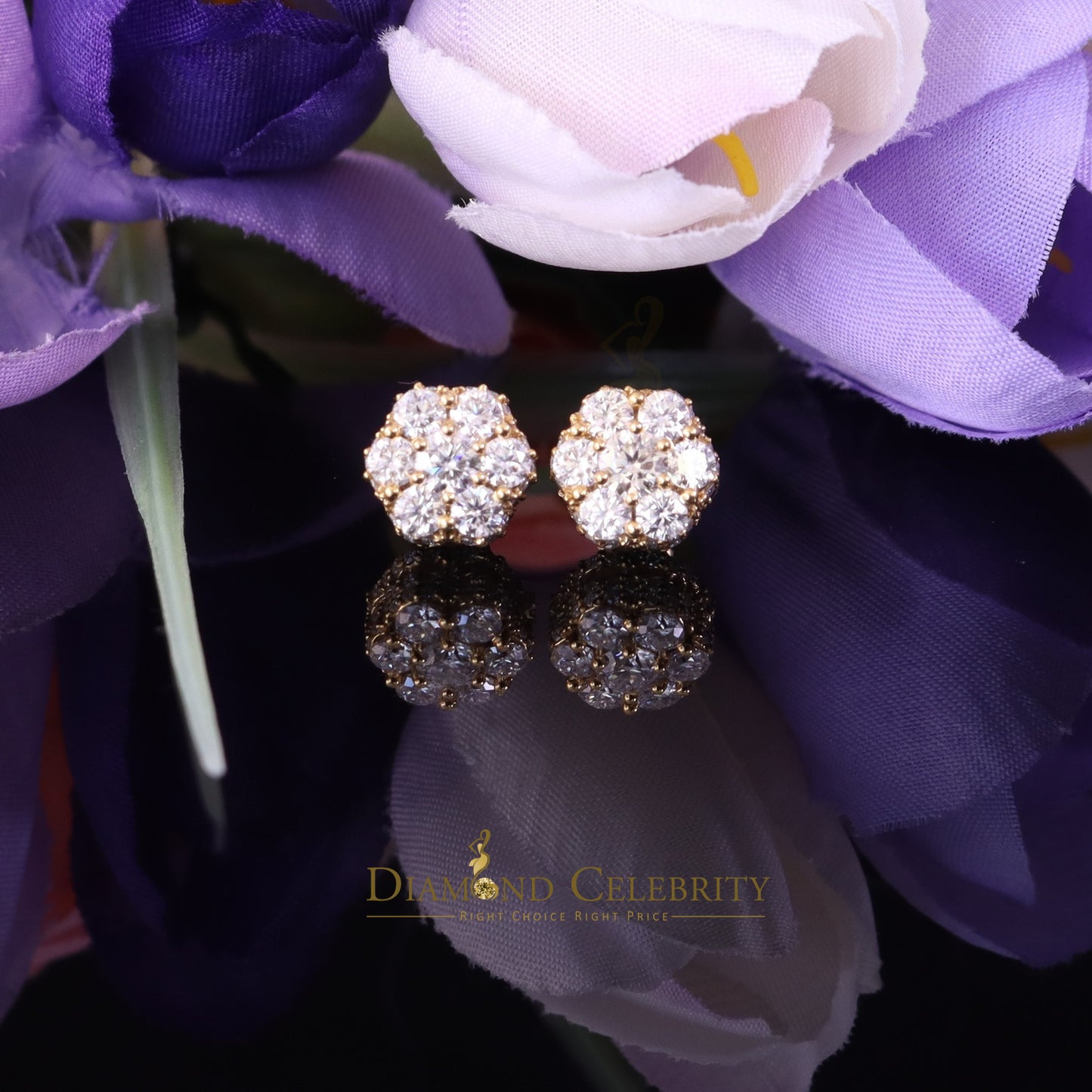 DiamondCelebritees Men's/Women's 925 Silver Yellow 2.00ct VVS 'D' Moissanite Floral Stud Earrings
