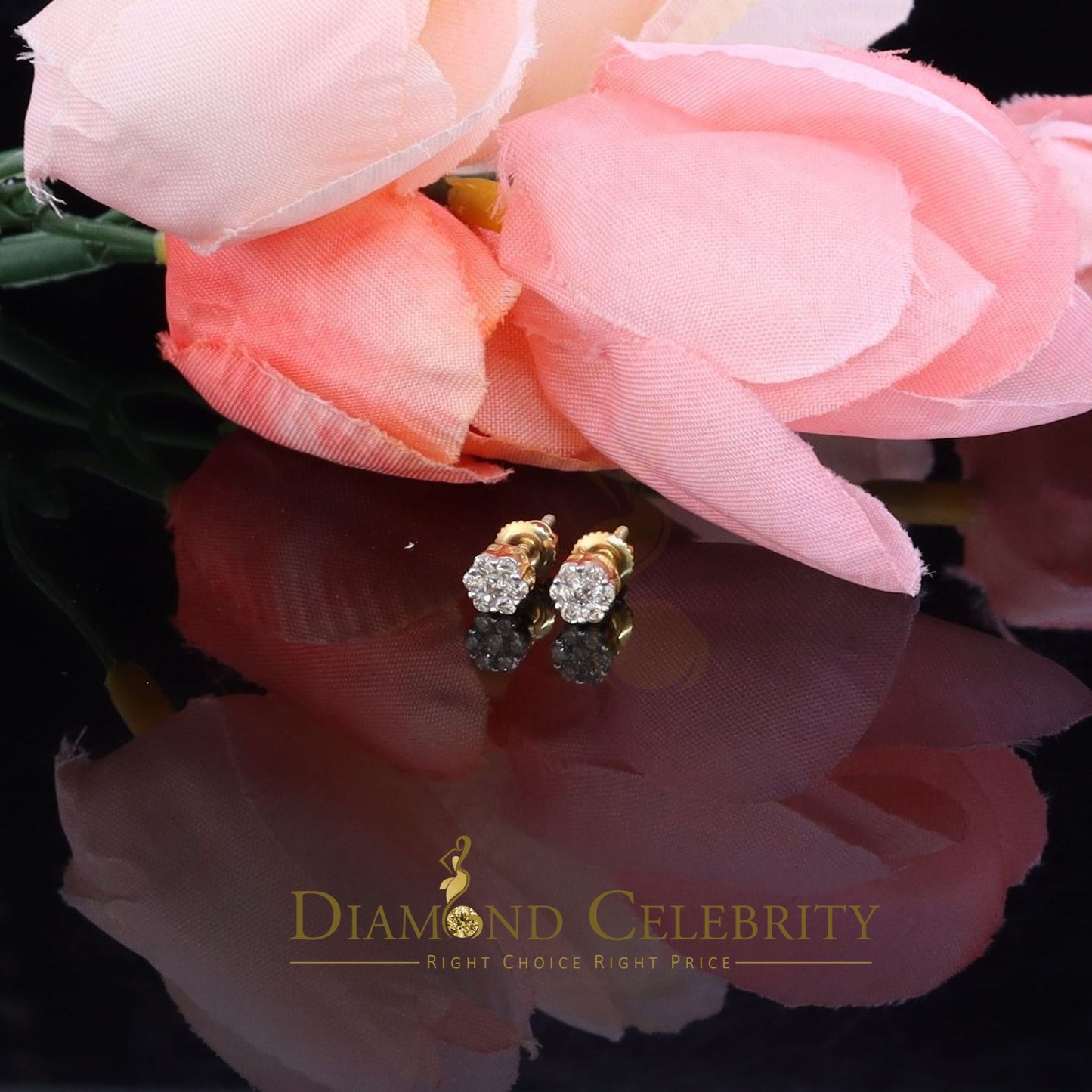 DiamondCelebritees Real 10K Yellow Gold Flower Stud 4.55mm Ladies Earring with Real 0.25CT Diamonds