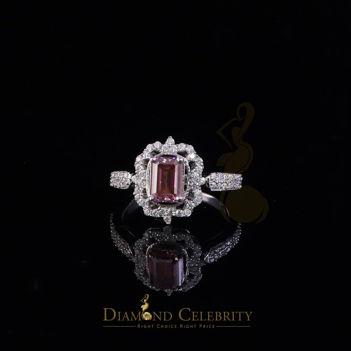 DiamondCelebritees 2.00CT Women's 925 Silver VVS D Pink & White Moissanite Emerald Ring SZ 7