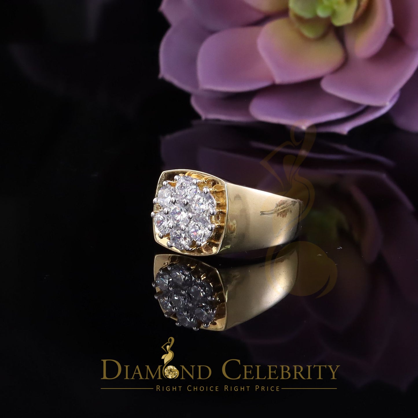 DiamondCelebritees Men's 925 Sterling Yellow Silver Floral 2.30ct Cubic Zirconia Ring Size 9.5