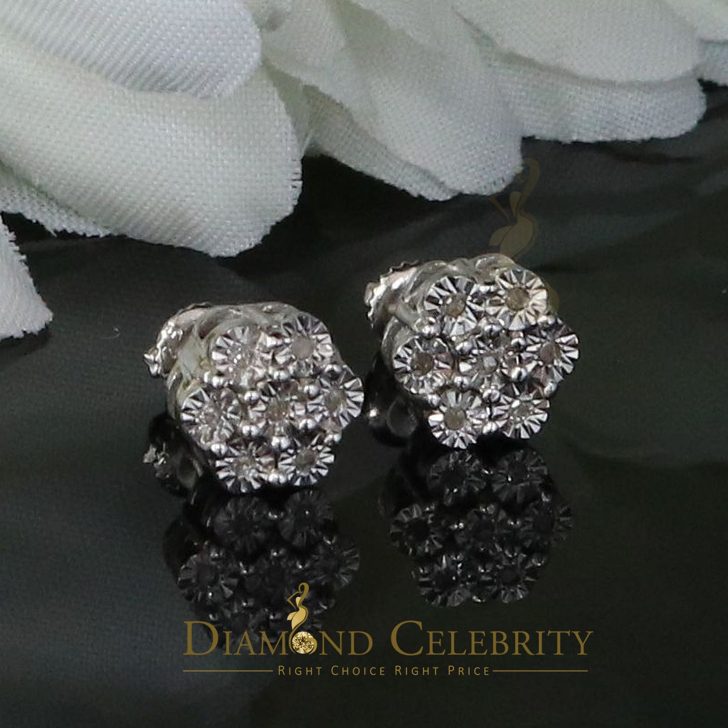 DiamondCelebritees 0.05ct Diamond 925 Sterling Silver White Flower Earrings For Men's & Women's