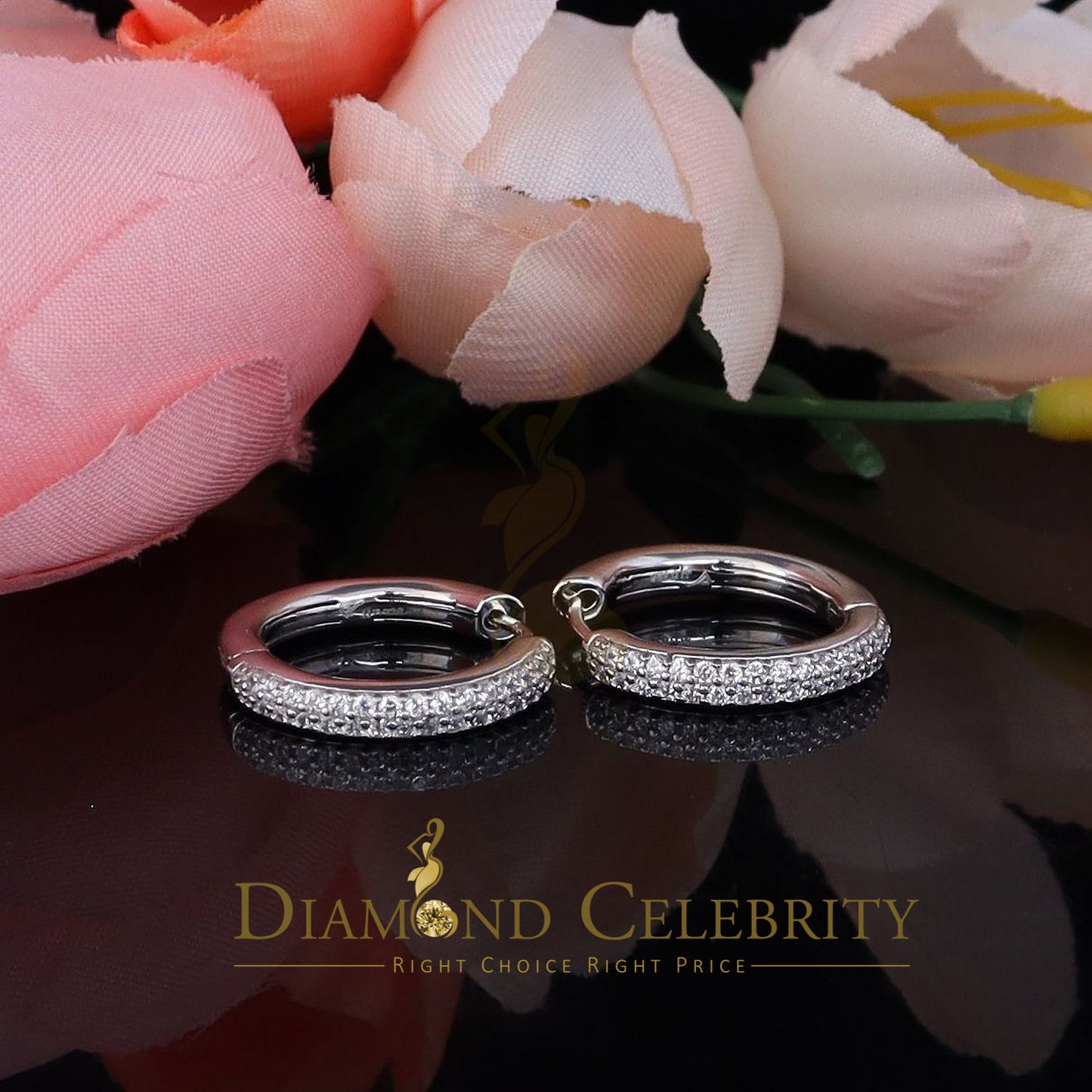DiamondCelebritees Men's hip hop White 925 Sterling Silver Cubic Zirconia 2 row Huggie Hoop Earring