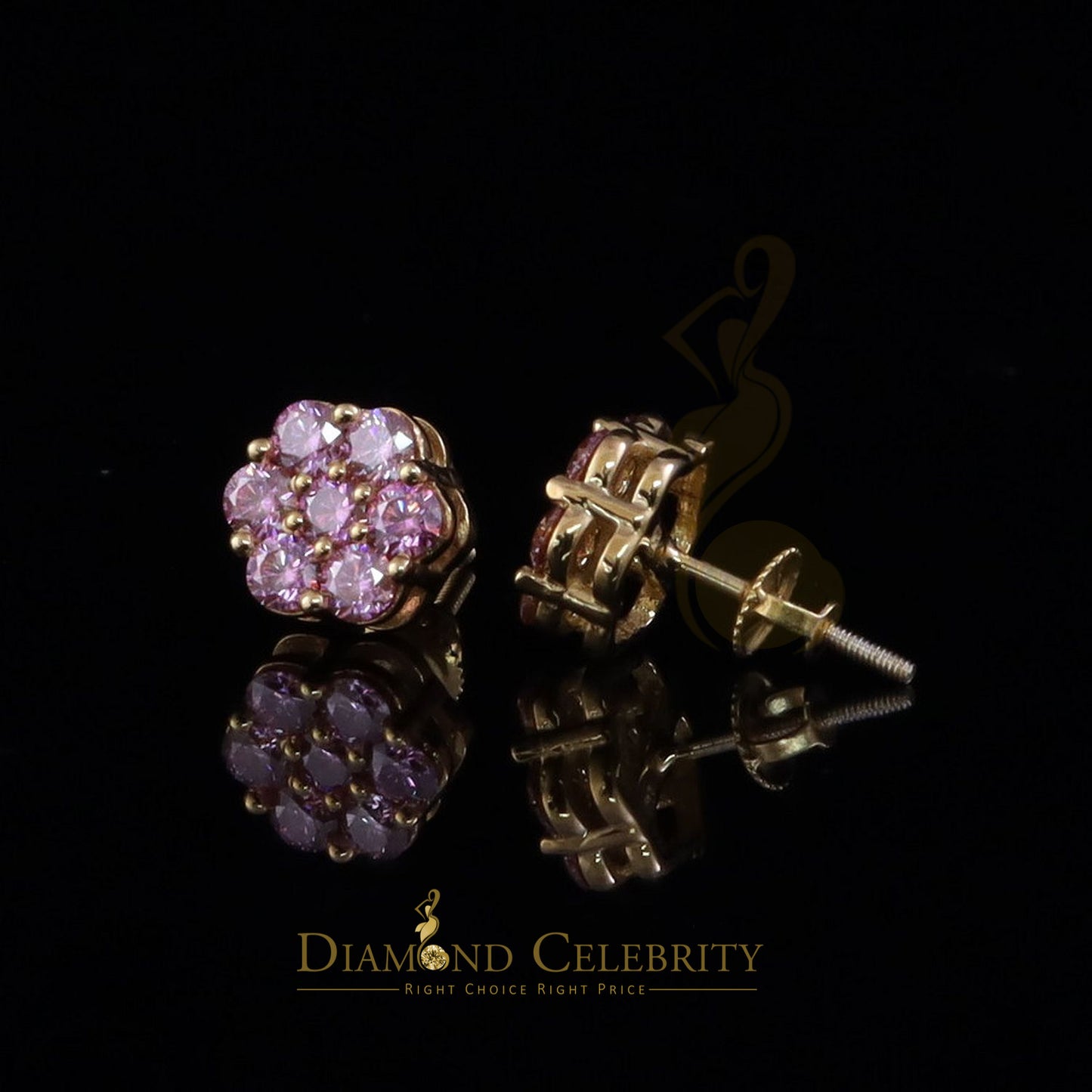 DiamondCelebritees Mens/Women's 925 Silver Yellow 1.66ct VVS D Pink Moissanite Floral Stud Earrings