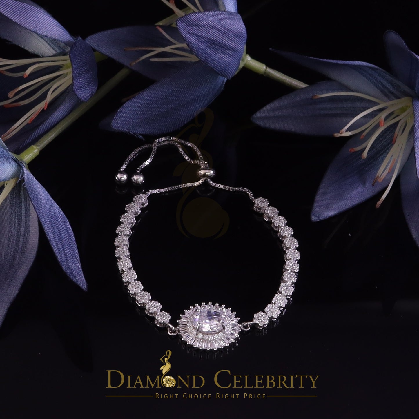Diamondcelebritees 925 Silver Sun Shape White Bracelet Cubic Zirconia Adjustable Size 7 Inches