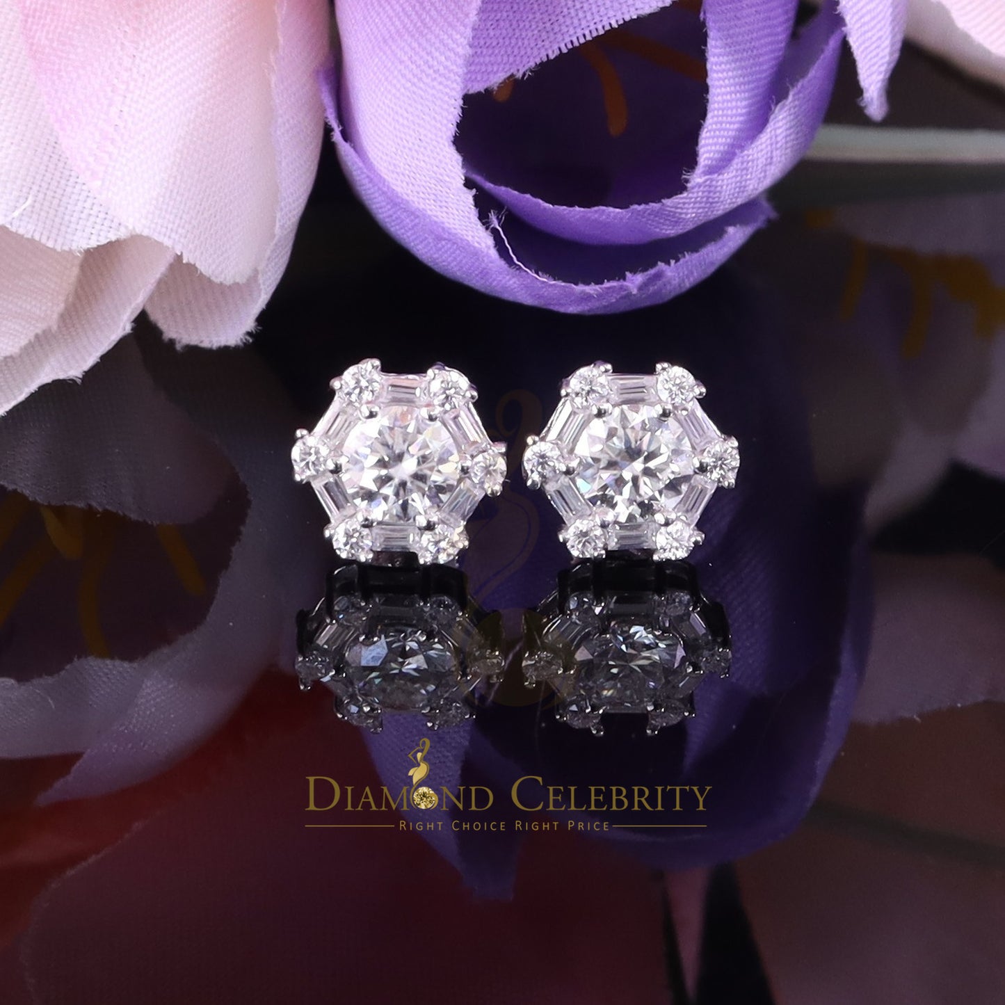 Diamondcelebritees Men's/Womens 925 Silver White 1.50ct VVS 'D' Moissanite Hexagon Stud Earrings