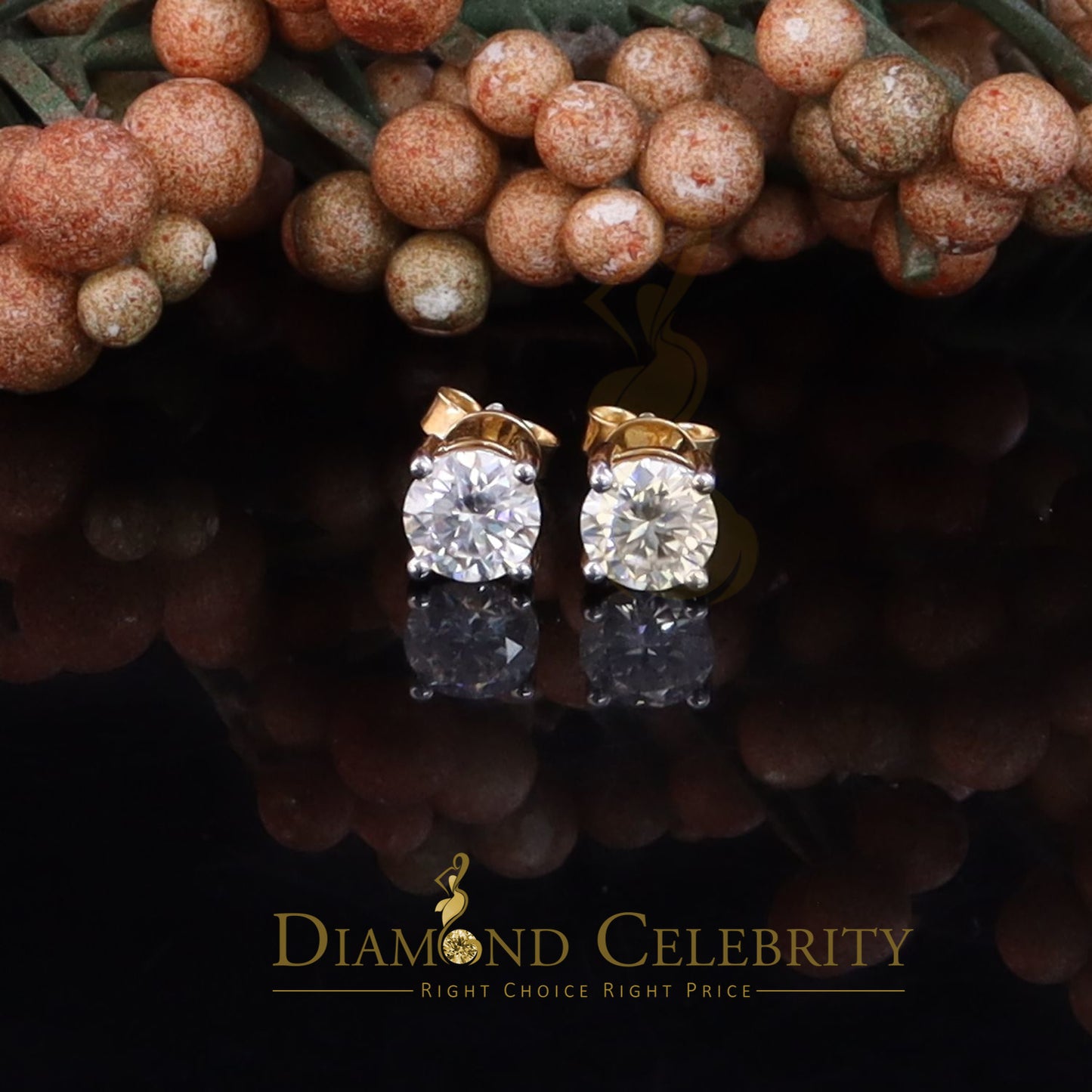DiamondCelebritees Mens/Women Stud Yellow 925 Silver W/ 2.00ct VVS 'D' Moissanite Stud Earring