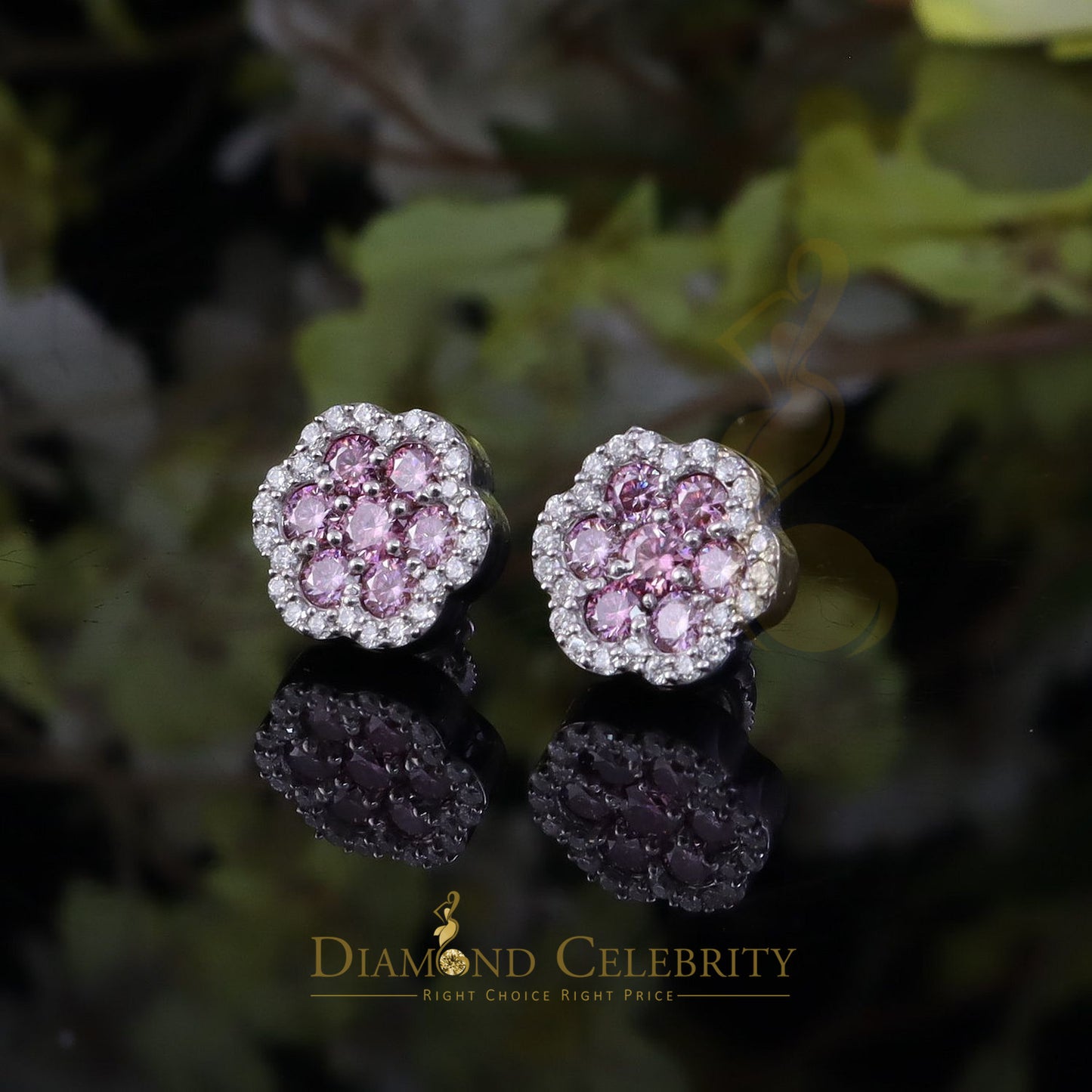 Diamondcelebritees Men's/Women's 925 Silver White 1.50ct VVS D Pink Moissanite Floral Stud Earrings