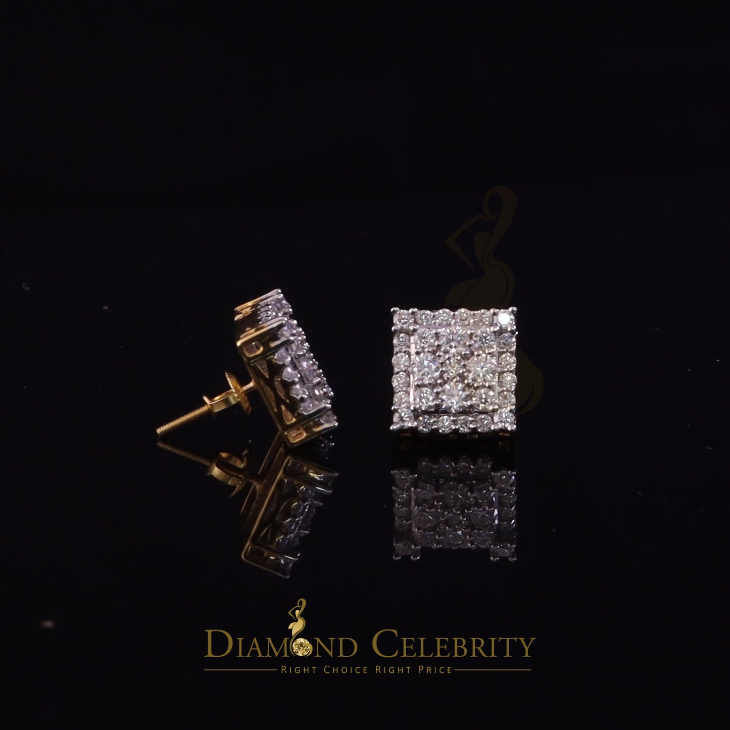 DiamondCelebritees 1.75ct Vvs 'D' Color Genuine Moissanite Stud SQUARE Earring10k Real Yellow Gold