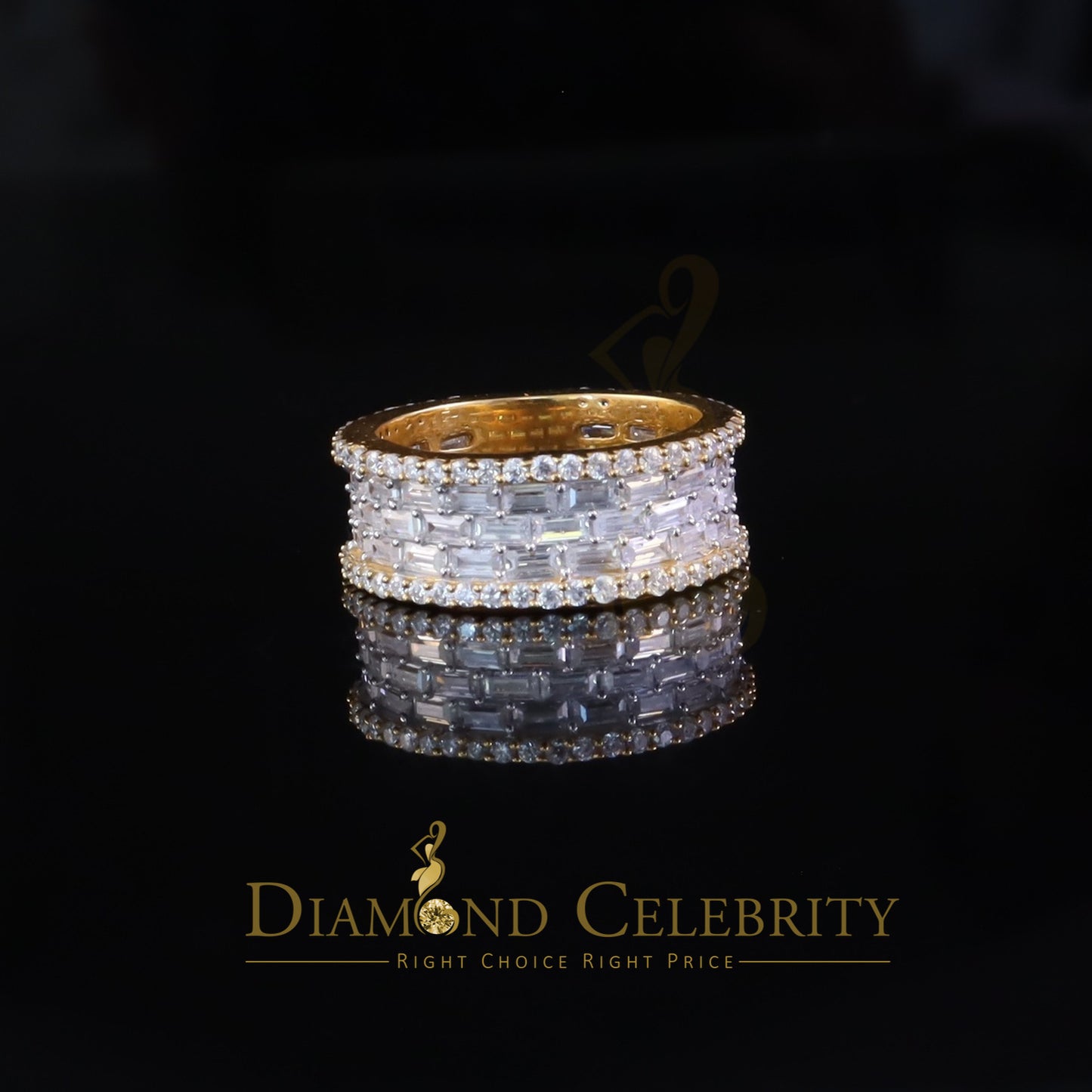 DiamondCelebritees Round Band Rings SZ 8 Baguette Silver 3.50ct VVS 'D' Moissanite Yellow for Women