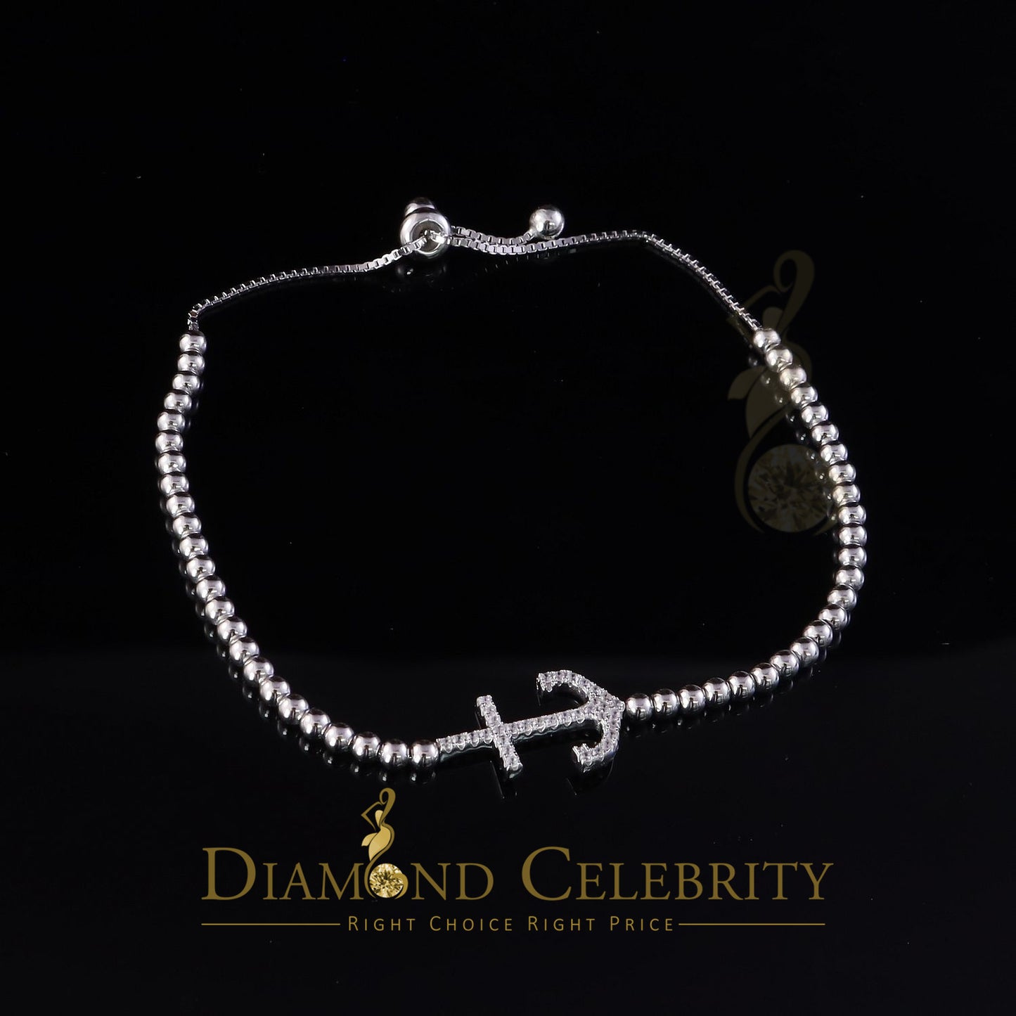 Diamondcelebritees Anchore Pearl Style Chain White Sterlng Silver Cubic Zirconia Adjtable Bracelete
