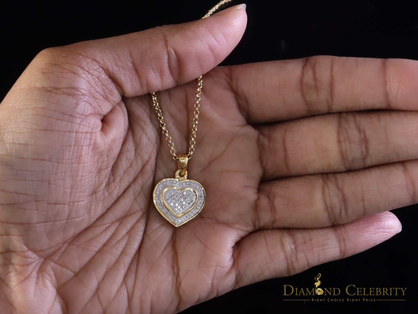 DiamondCelebritees Small Yellow Real 0.25ct Diamond 925 Silver double Heart Charm Necklace Pendant