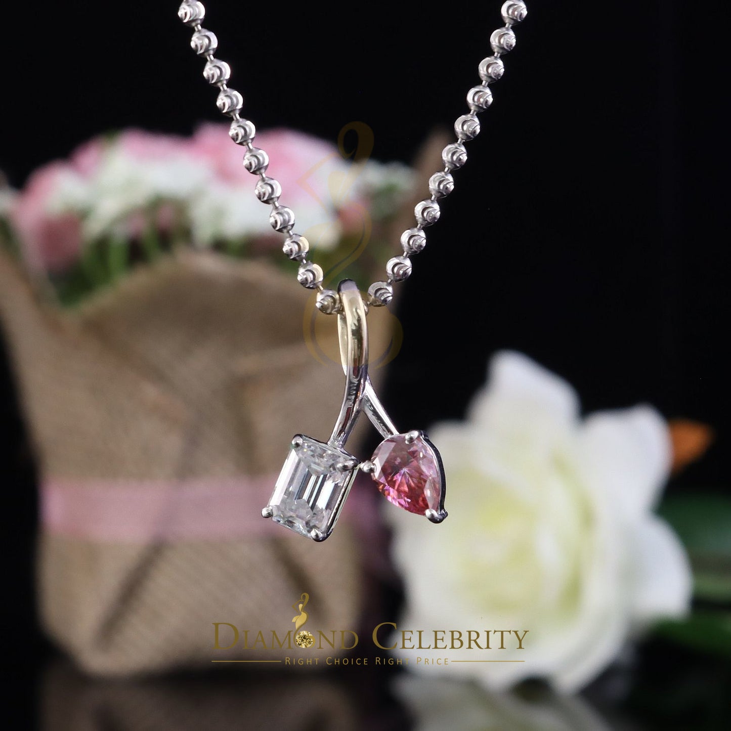 Diamondcelebritees Women's White 925 Silver White 2.00ct VVS 'D' Pink Moissanite Toi et Moi Pendant