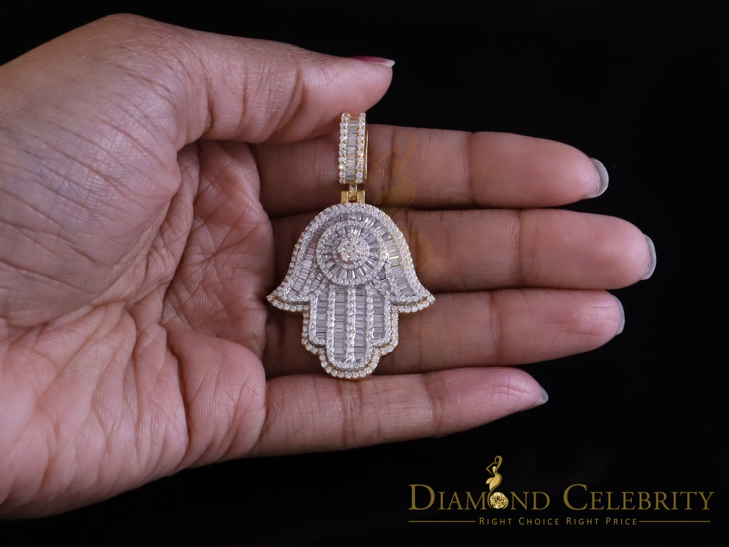 Diamondcelebritees 4.00ct VVS D Hamsa Baguette Silver Moissanite Yellow Pendant For Mens/Womens