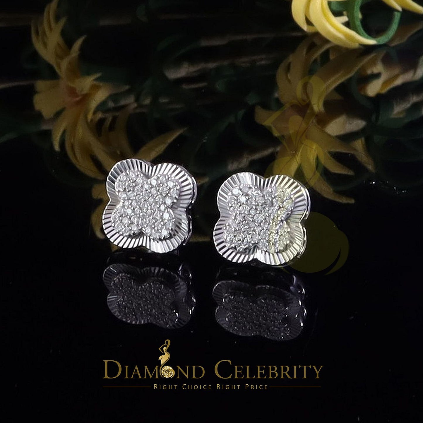 Diamondcelebritees 1.00ct 925 Sterling Silver Moissanite Clover Stud Earrings For Men & Women