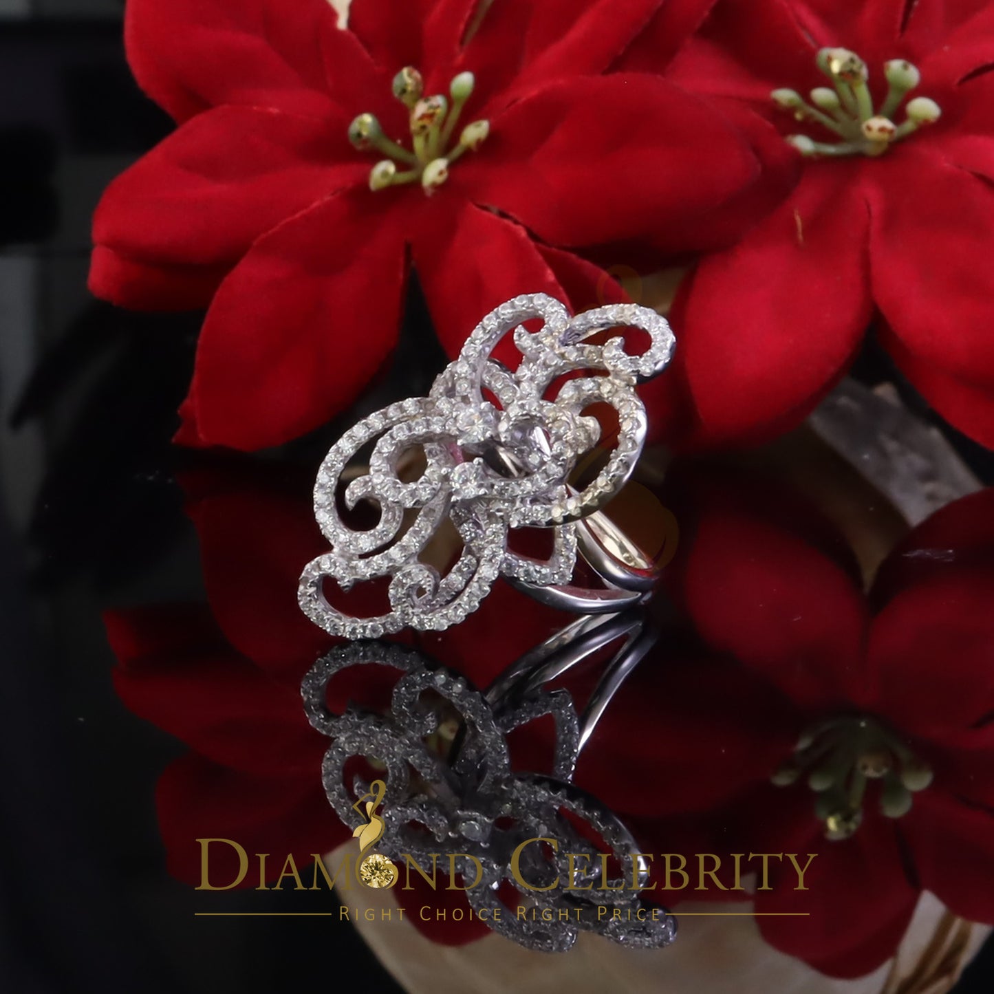 DiamondCelebritees 2.50 ct Cubic Zirconia 925 White Silver Cocktail Flower Womens Ring Size 8.5