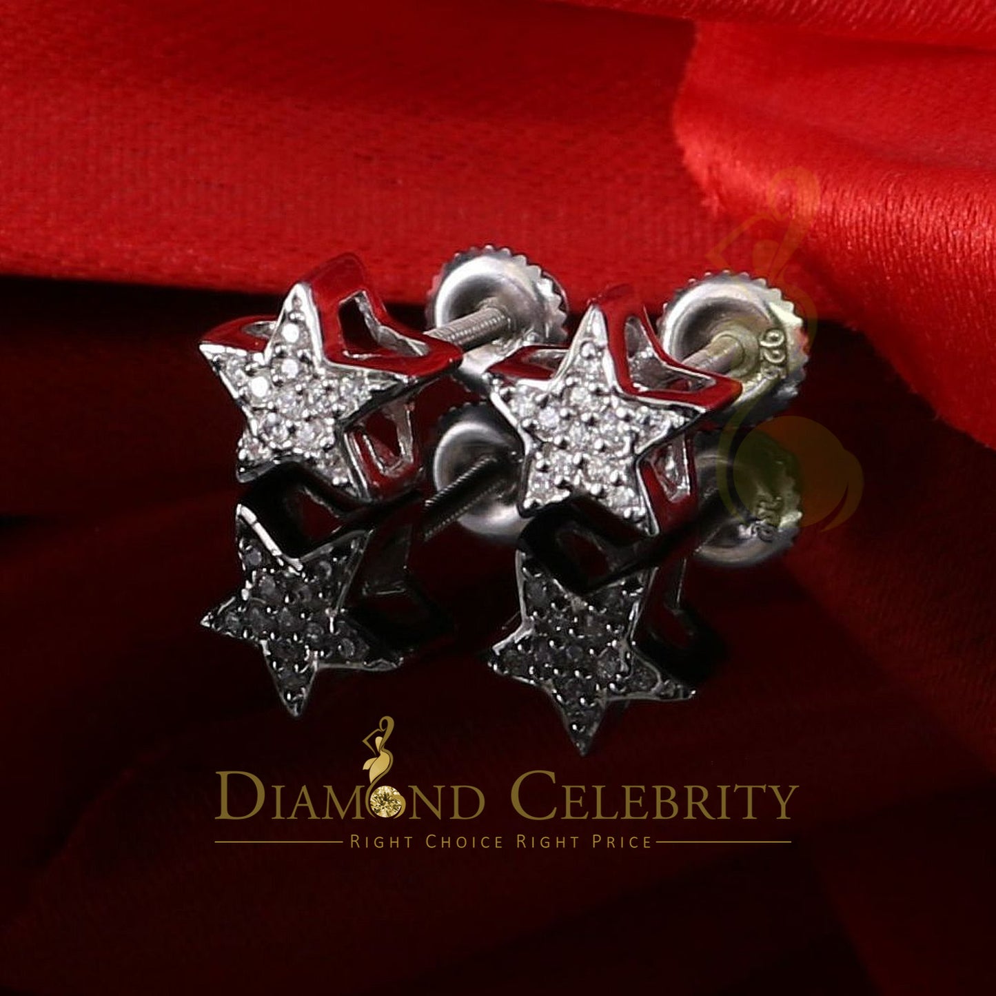 DiamondCelebritees Hip Hop 925 White Silver Screw Back 0.22ct Cubic Zirconia Women's Star Earrings