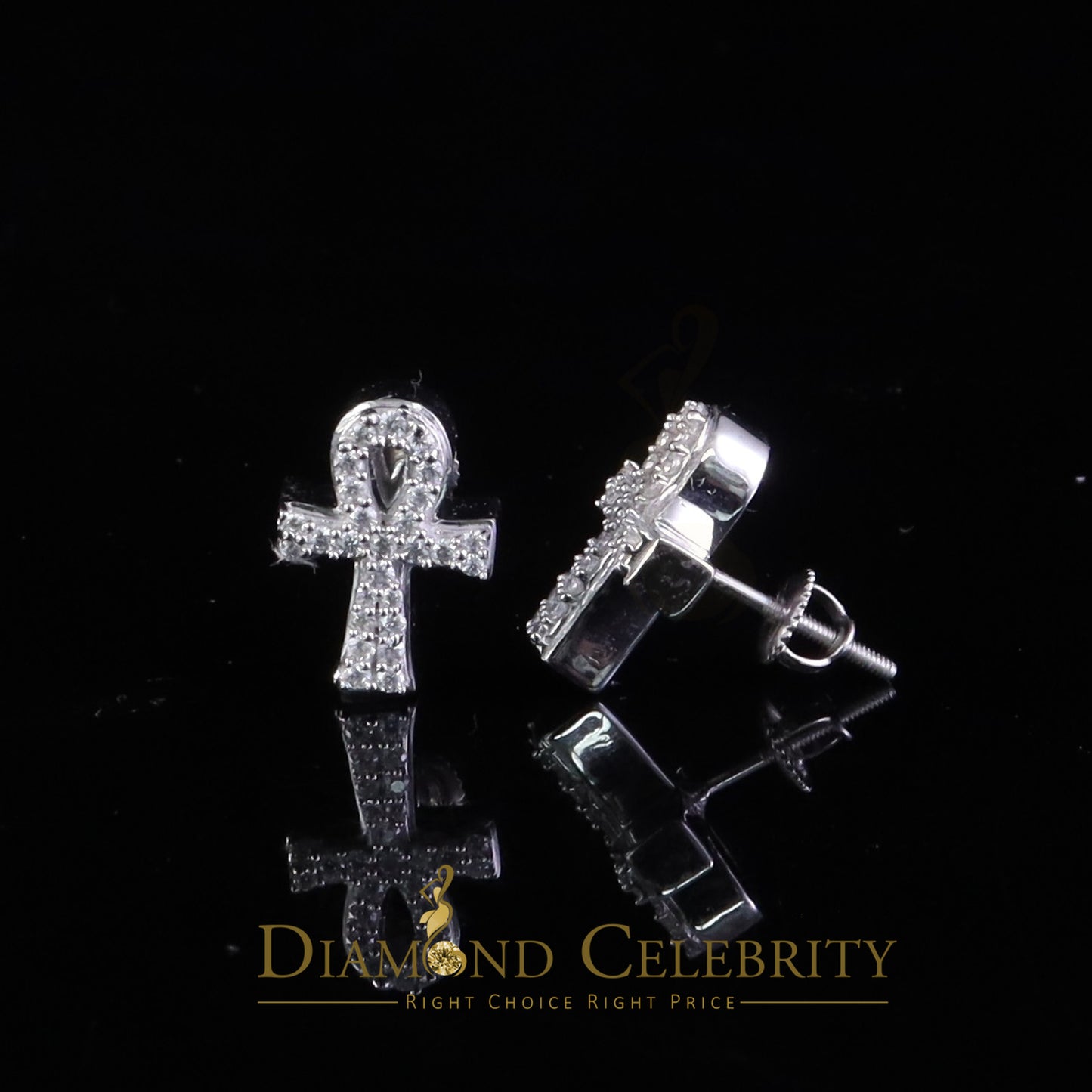 Diamondcelebritees Small White 0.50ct VVS 'D' Moissanite Men's/Womens 925 Silver Ankh Stud Earrings