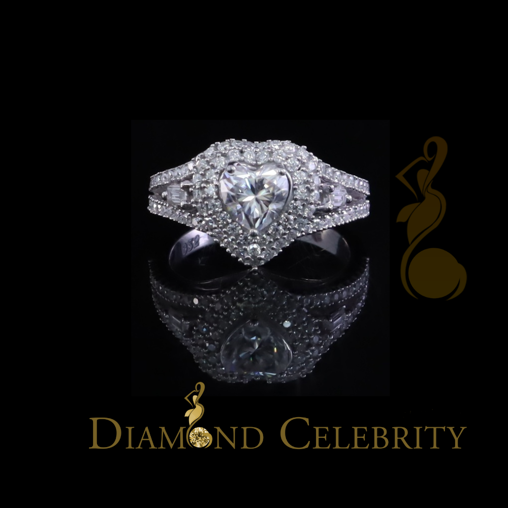 DiamondCelebritees White Silver 1.50ct VVS 'D' Round Moissanite Heart Ring Size 7 for Women's