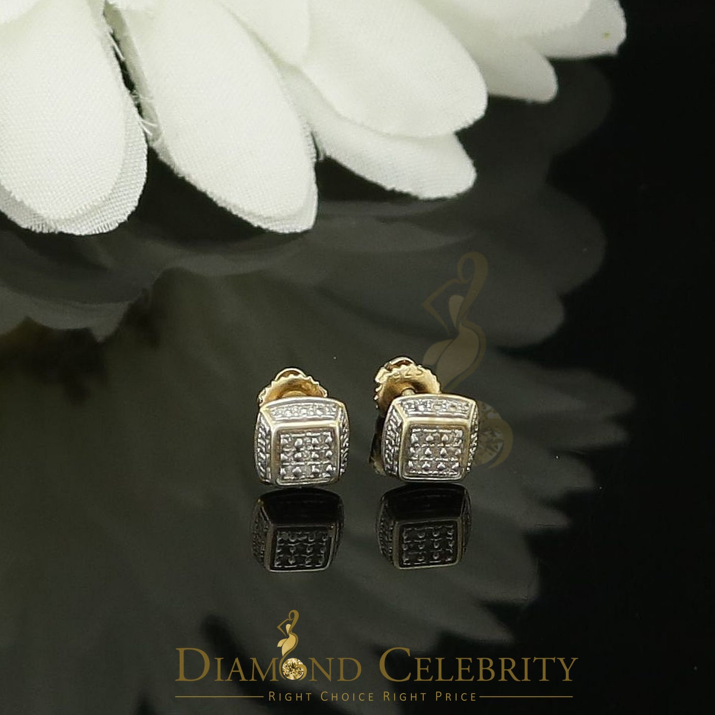 DiamondCelebritees 0.05ct Diamond Square Earrings For Women Yellow 925 Sterling Silver Stud For Men