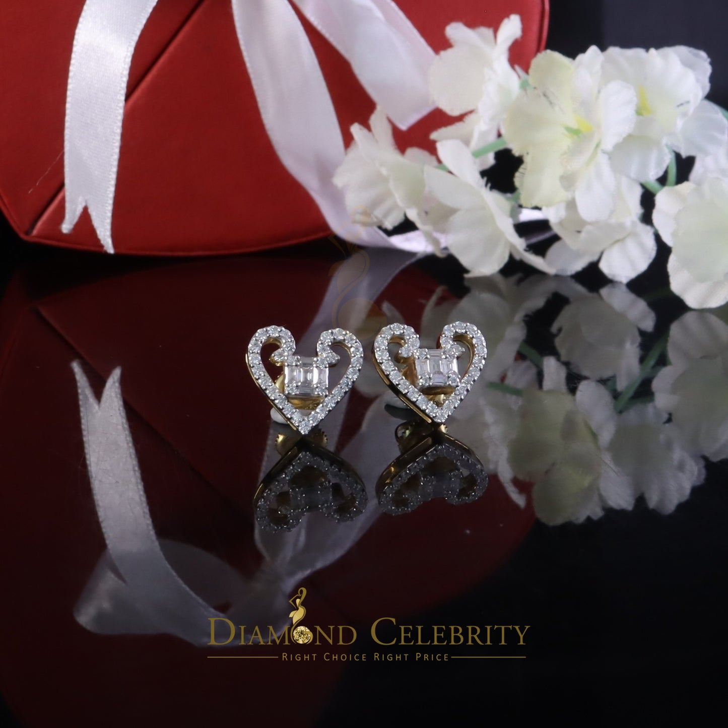 DiamondCelebritees Men's/Womens Stud 925 Silver Baguette Heart 1ct VVS D Moissanite Yellow Earring
