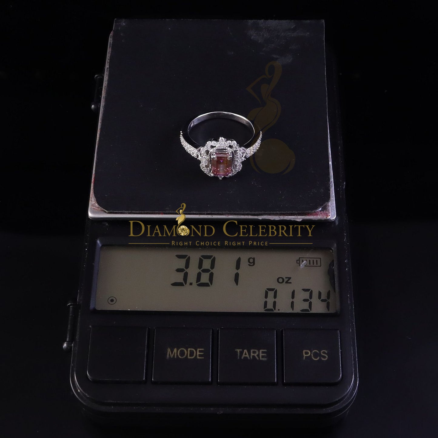 DiamondCelebritees 2.00CT Women's 925 Silver VVS D Pink & White Moissanite Emerald Ring SZ 7