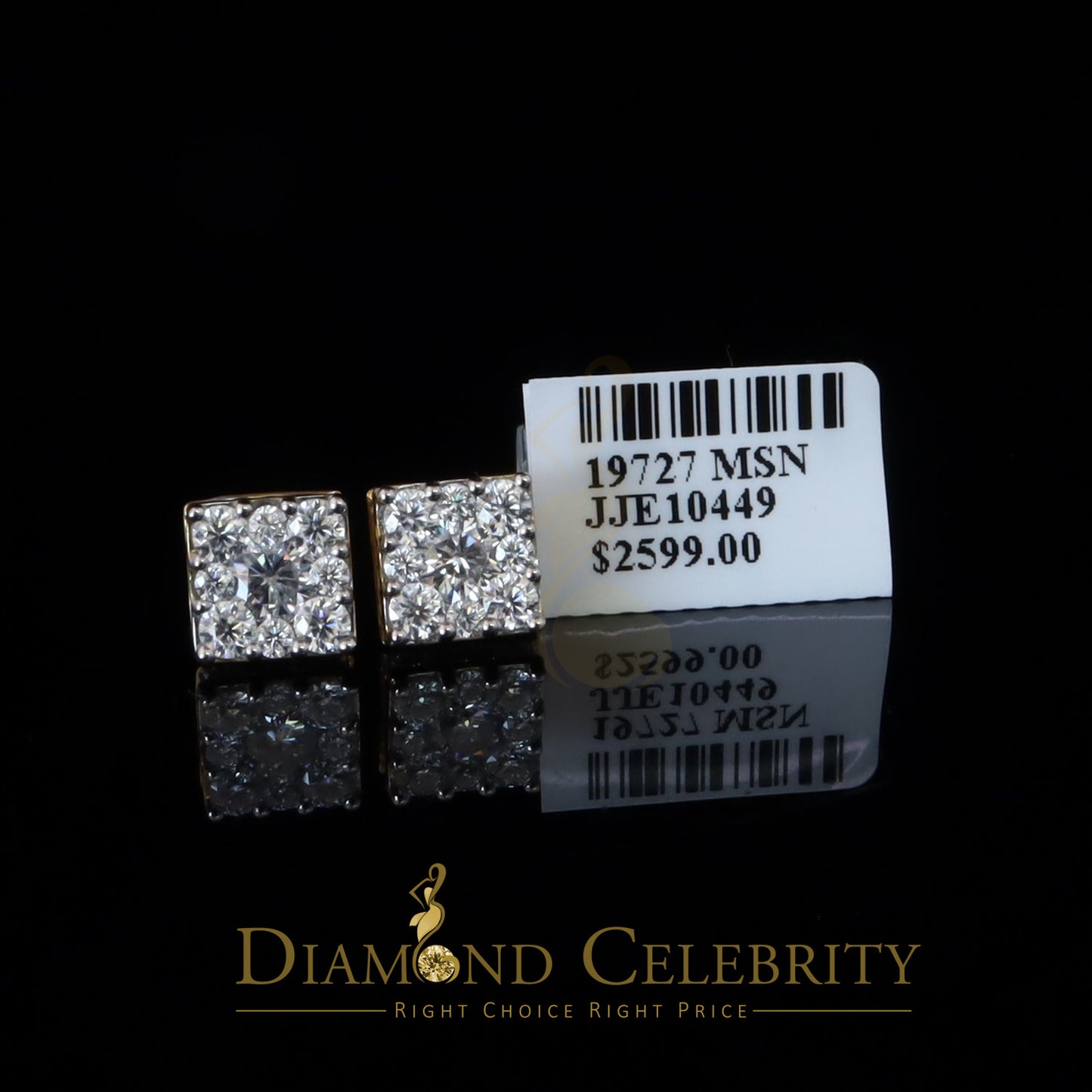 DiamondCelebritees Real Moissanite Square Earrings 10k Real Yellow Gold 2.25ct VVS 'D' Color