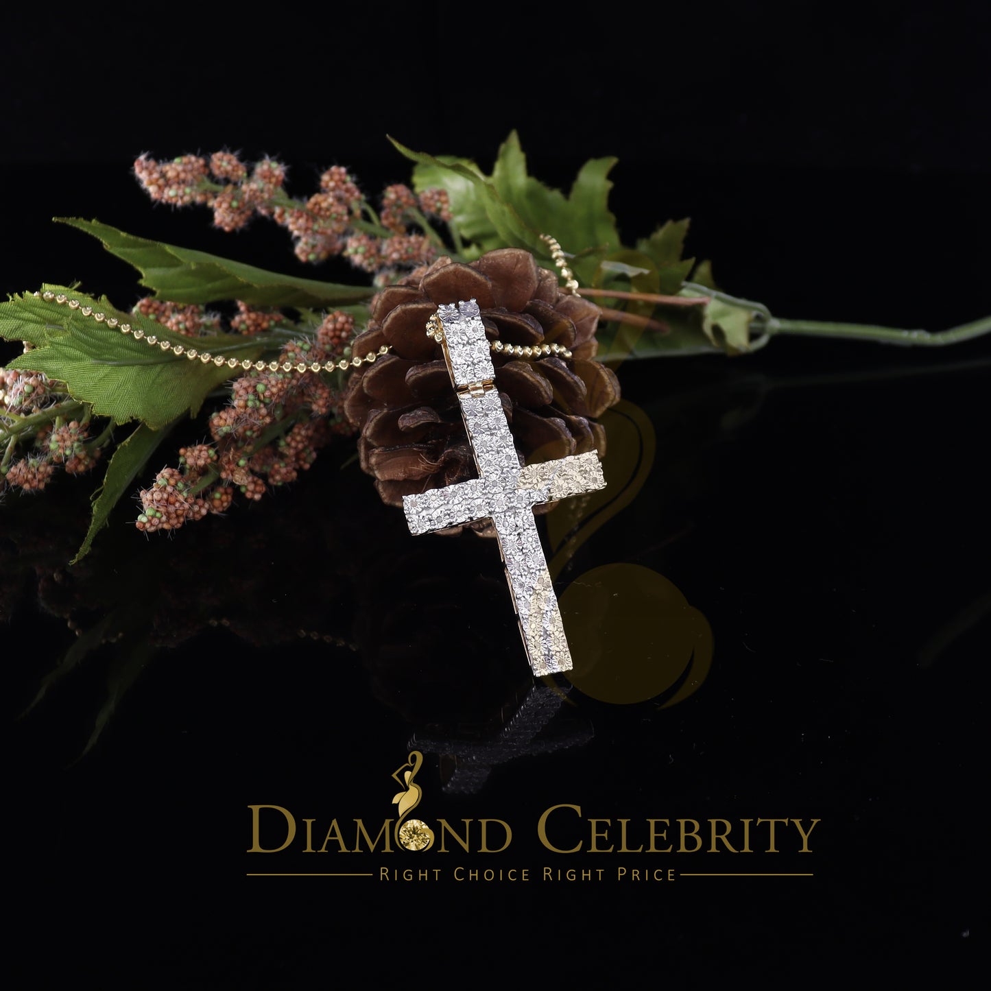 DiamondCelebritees Real 0.33ct Diamond Sterling Silver Yellow CROSS Charm Fashion Necklace Pendant