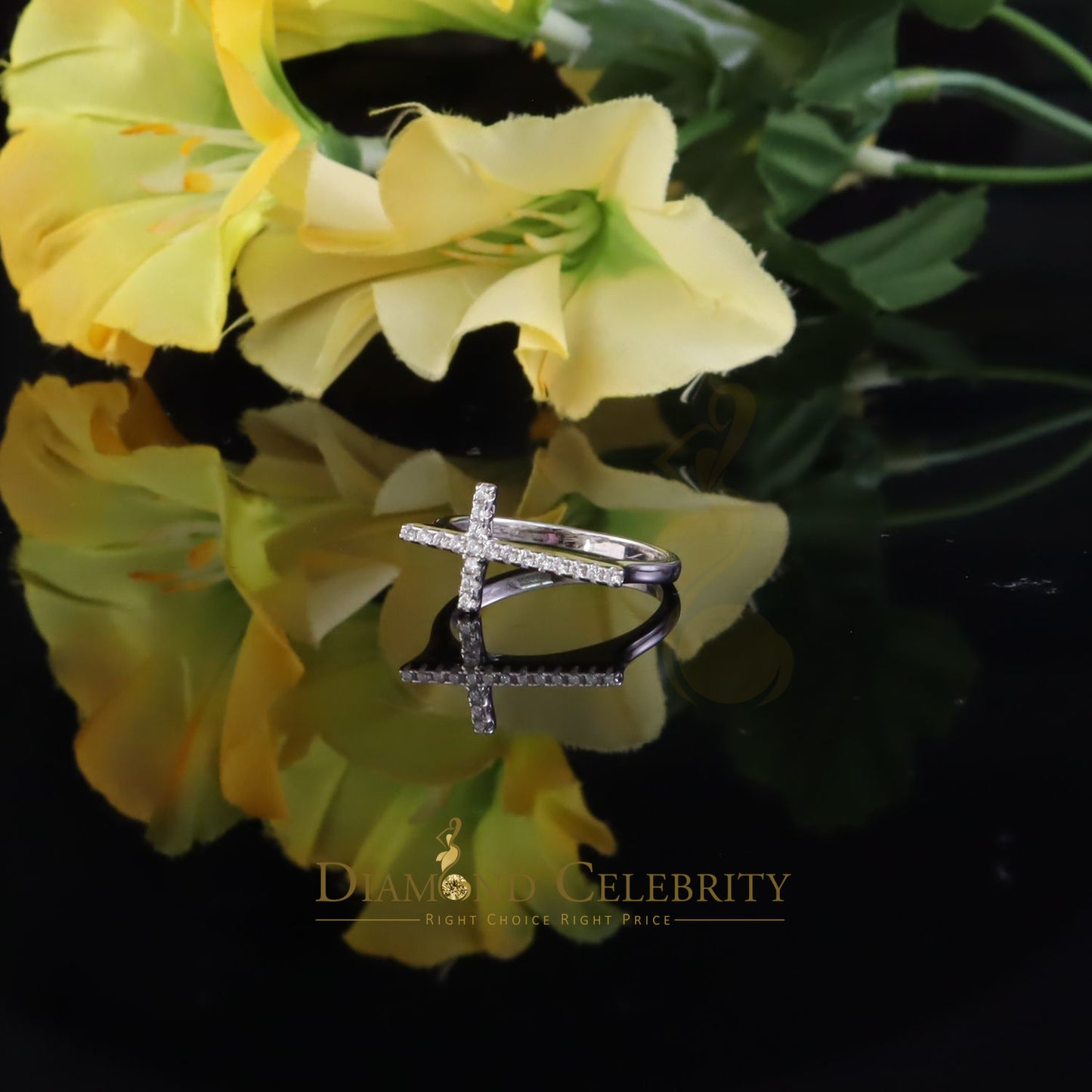 DiamondCelebritees 925 Sterling White Silver 0.19ct Cubic Zirconia Women's Cross Ring Size 6