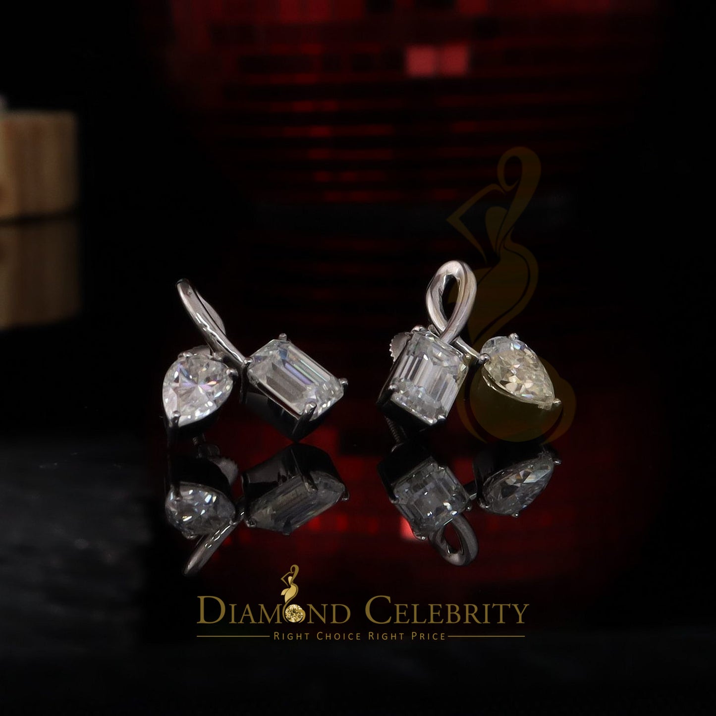 Diamondcelebritees Men's/Women's 925Silver White 3.50ct VVS D Moissanite Pear Emerald Stud Earrings