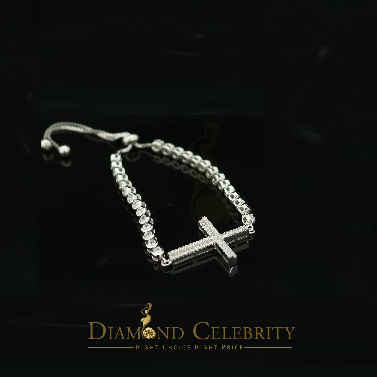 Diamondcelebritees White Sterling Silver Cross Shape Bracelet Cubic Zirconia Adjustable Size