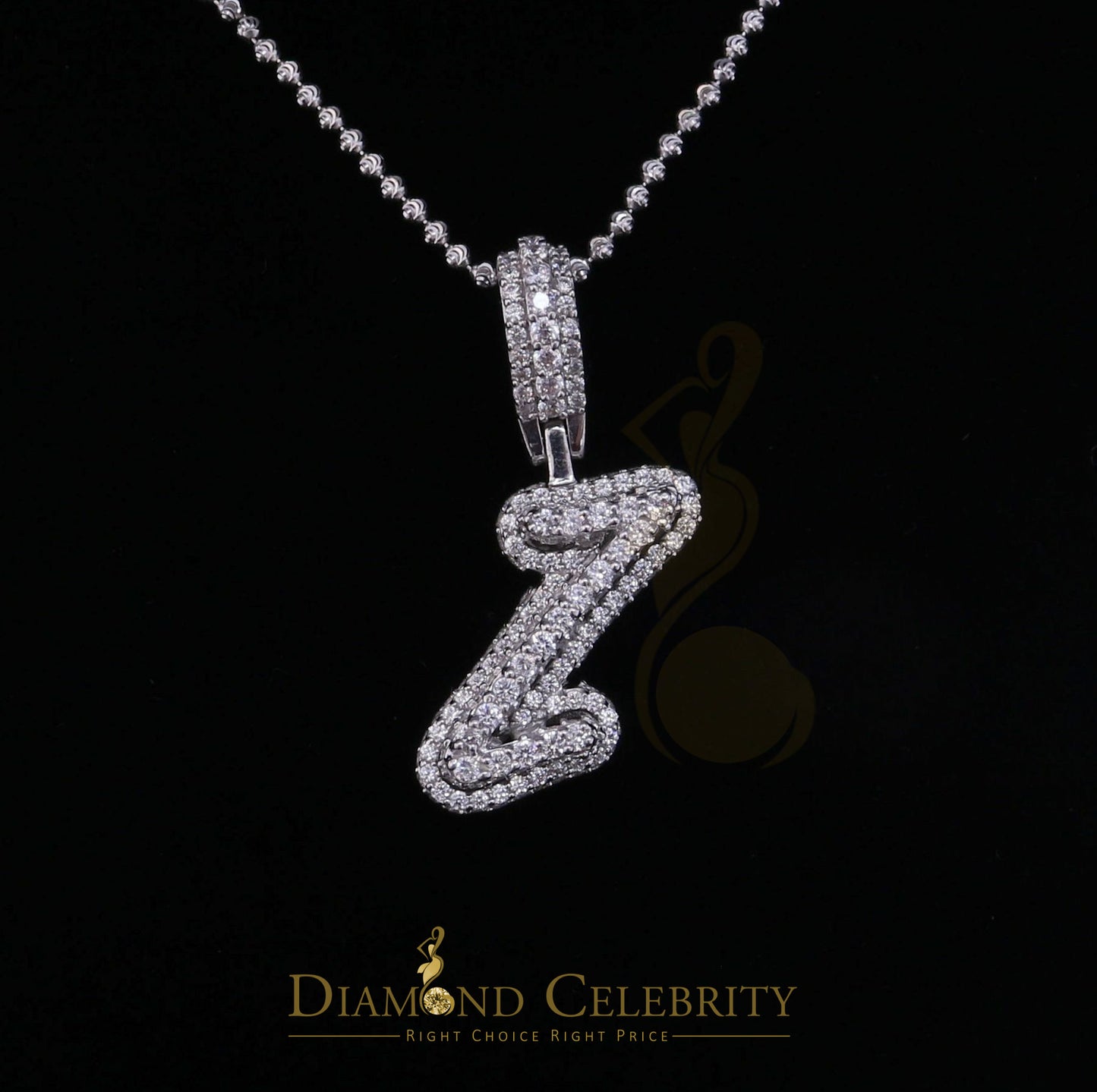 DiamondCelebritees White Cursive 3D Alphabet Shape 925 Sterling Silver Cubic Zirconia Pendant
